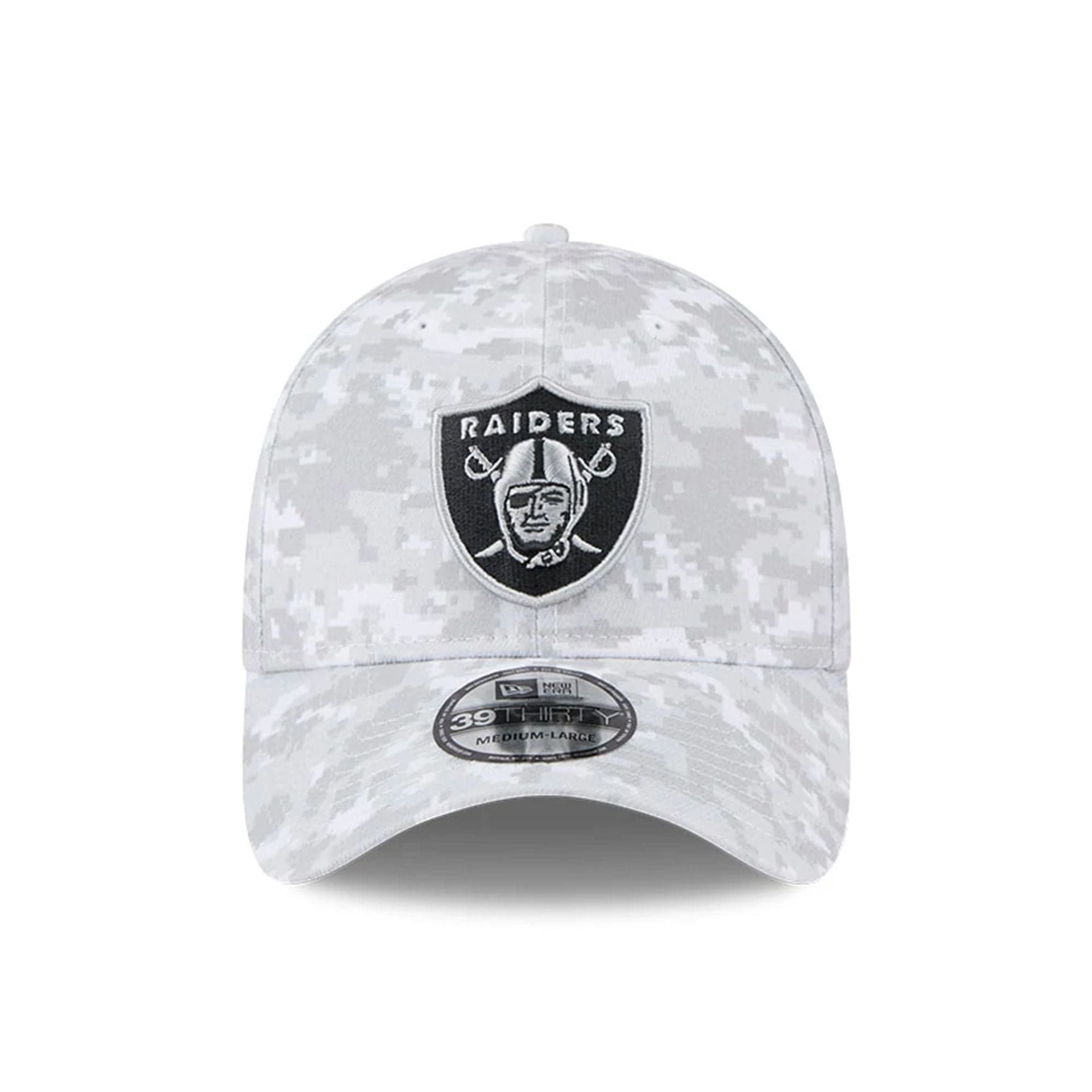 This is a Las Vegas Raiders NFL Salute To Service 2025 Grey Camo 39THIRTY Stretch Fit Cap 4