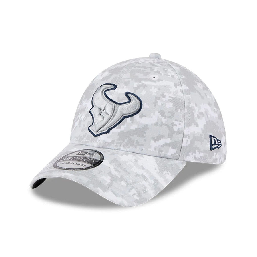 This is a Houston Texans NFL Salute To Service 2025 Grey Camo 39THIRTY Stretch Fit Cap 1