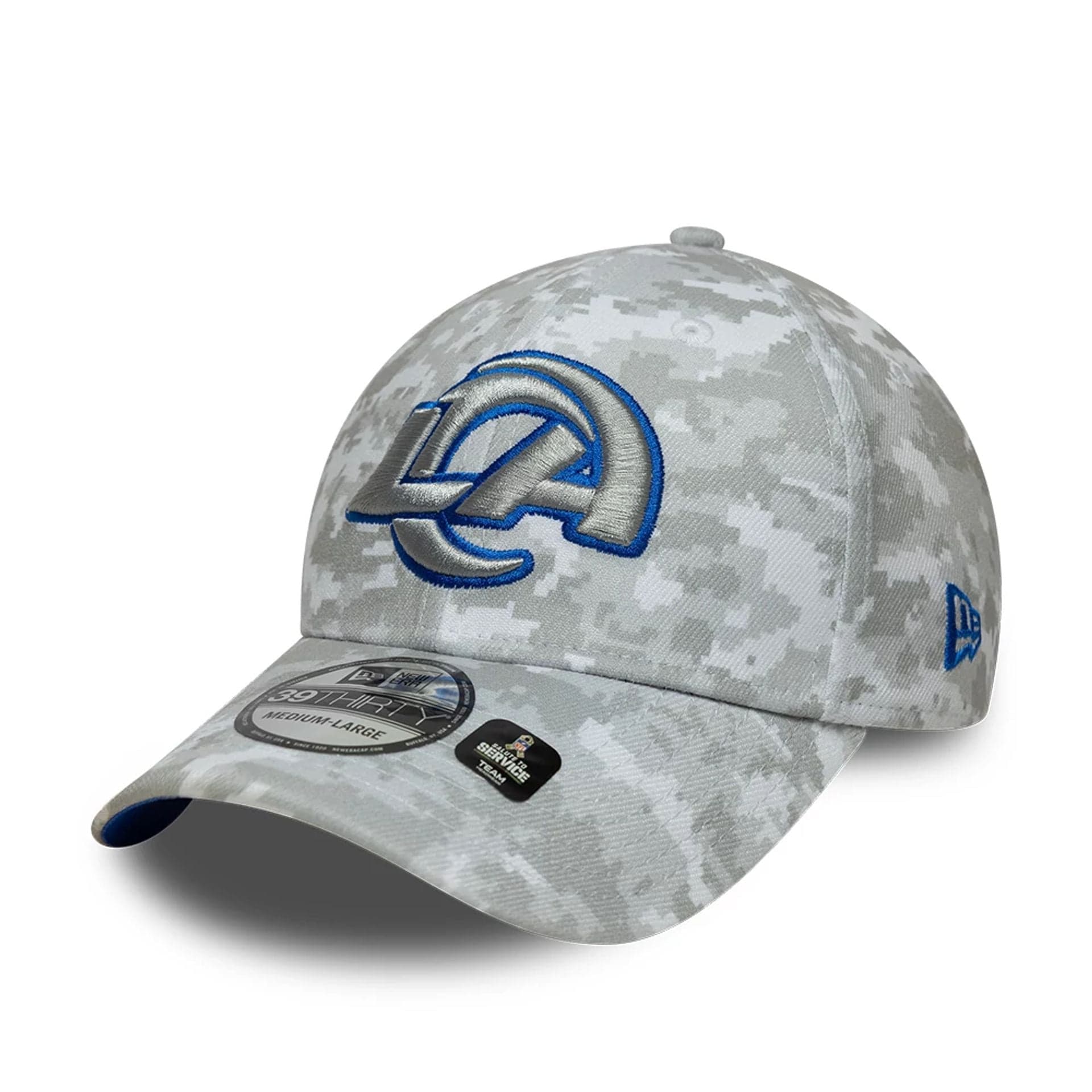 This is a LA Rams NFL Salute To Service 2025 Grey Camo 39THIRTY Stretch Fit Cap 4
