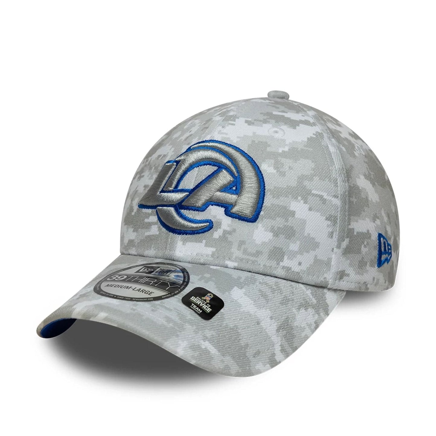 This is a LA Rams NFL Salute To Service 2025 Grey Camo 39THIRTY Stretch Fit Cap 4