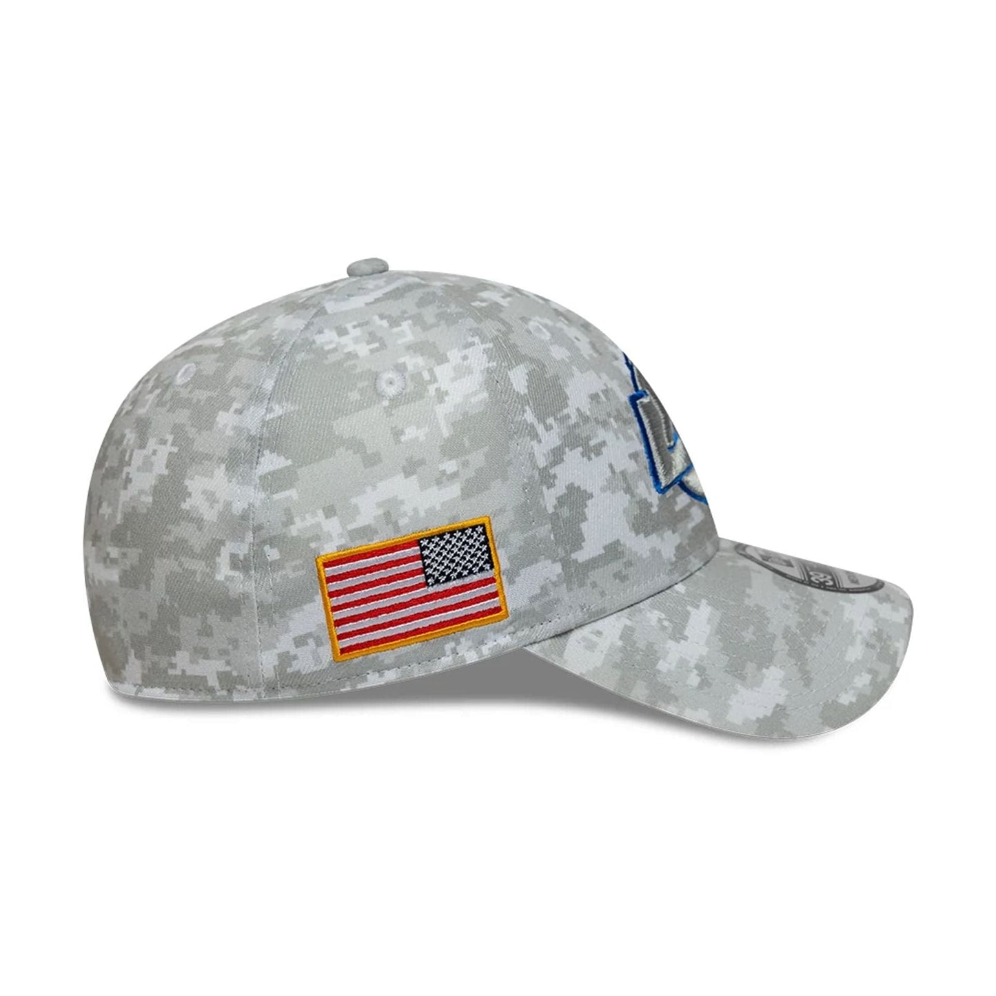 This is a LA Rams NFL Salute To Service 2025 Grey Camo 39THIRTY Stretch Fit Cap 5