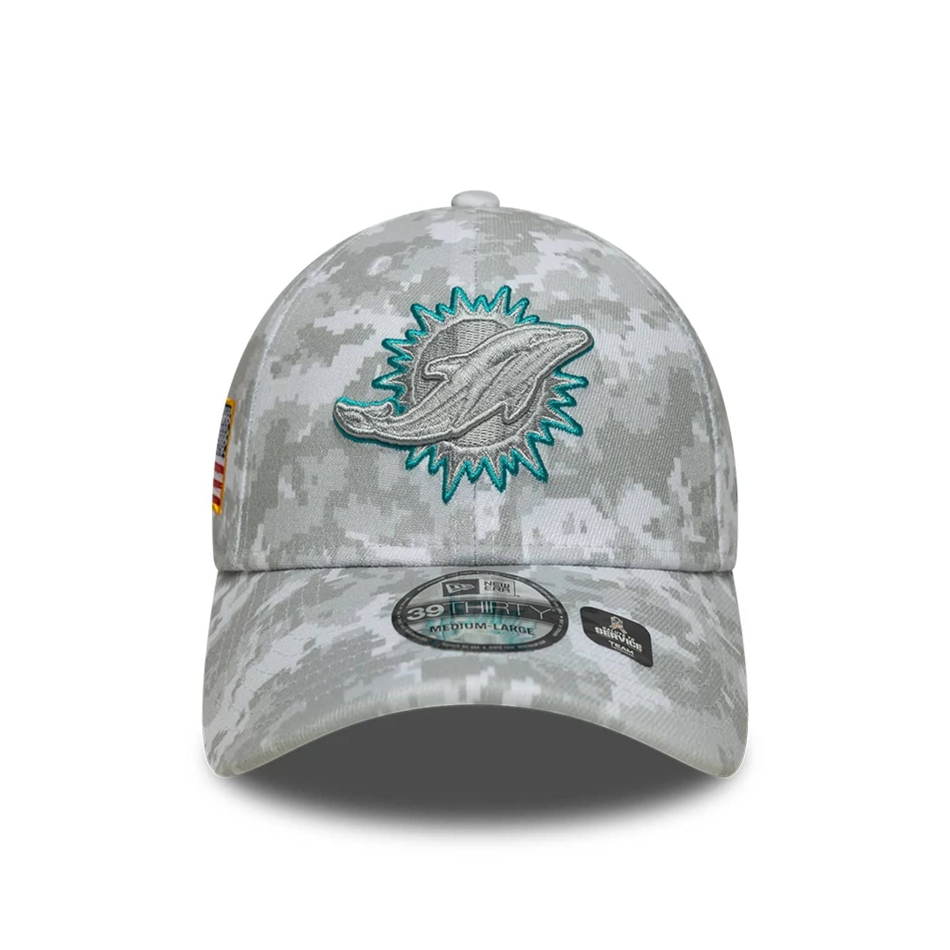 This is a Miami Dolphins NFL Salute To Service 2025 Grey Camo 39THIRTY Stretch Fit Cap 4