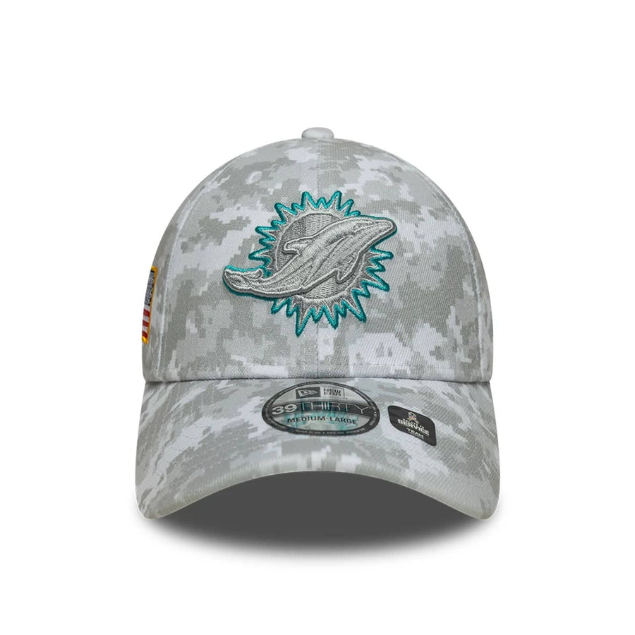 This is a Miami Dolphins NFL Salute To Service 2025 Grey Camo 39THIRTY Stretch Fit Cap 4