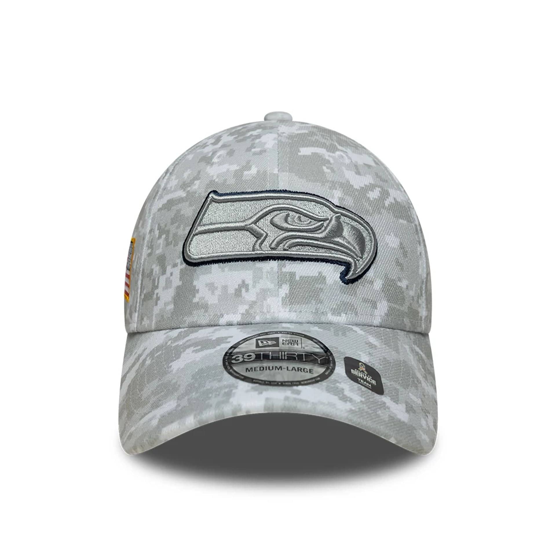 This is a Seattle Seahawks NFL Salute To Service 2025 Grey Camo 39THIRTY Stretch Fit Cap 4