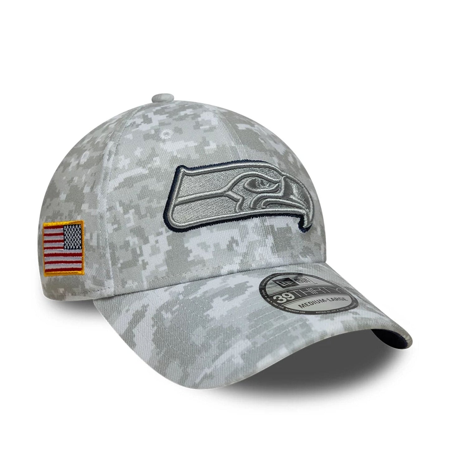 This is a Seattle Seahawks NFL Salute To Service 2025 Grey Camo 39THIRTY Stretch Fit Cap 1