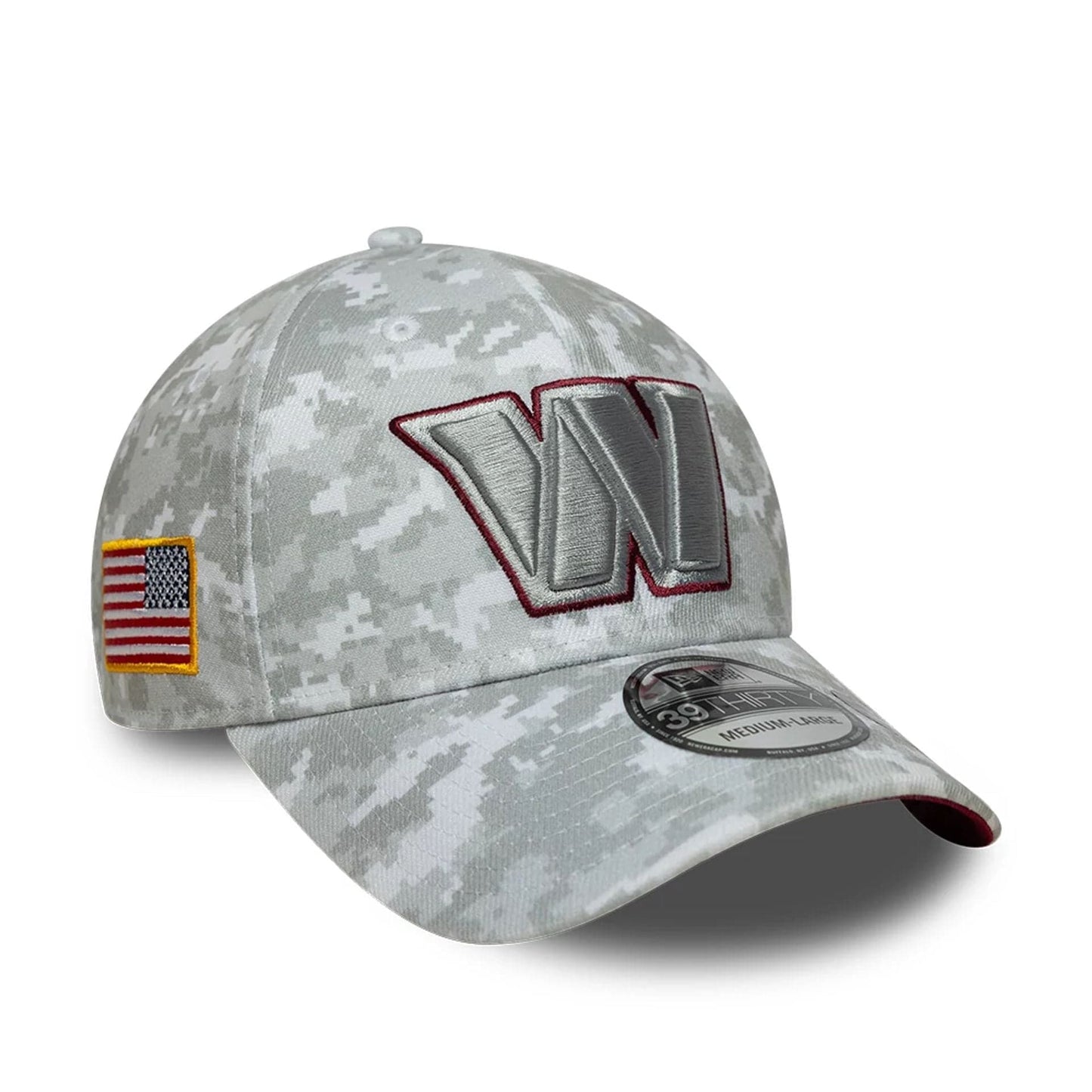 This is a Washington Commanders NFL Salute To Service 2025 Grey Camo 39THIRTY Stretch Fit Cap 1