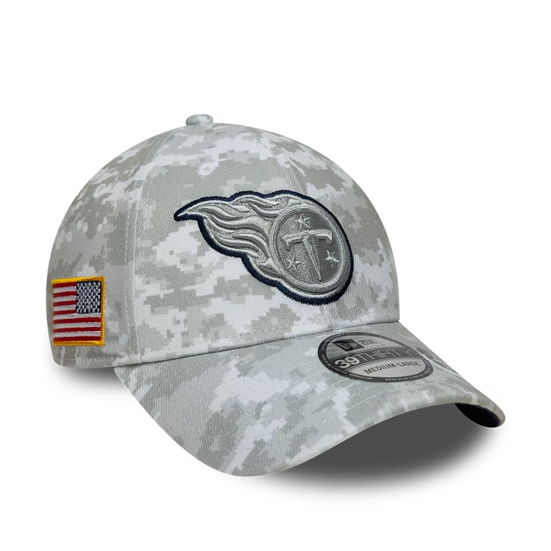 This is a Tennessee Titans NFL Salute To Service 2025 Grey Camo 39THIRTY Stretch Fit Cap 1