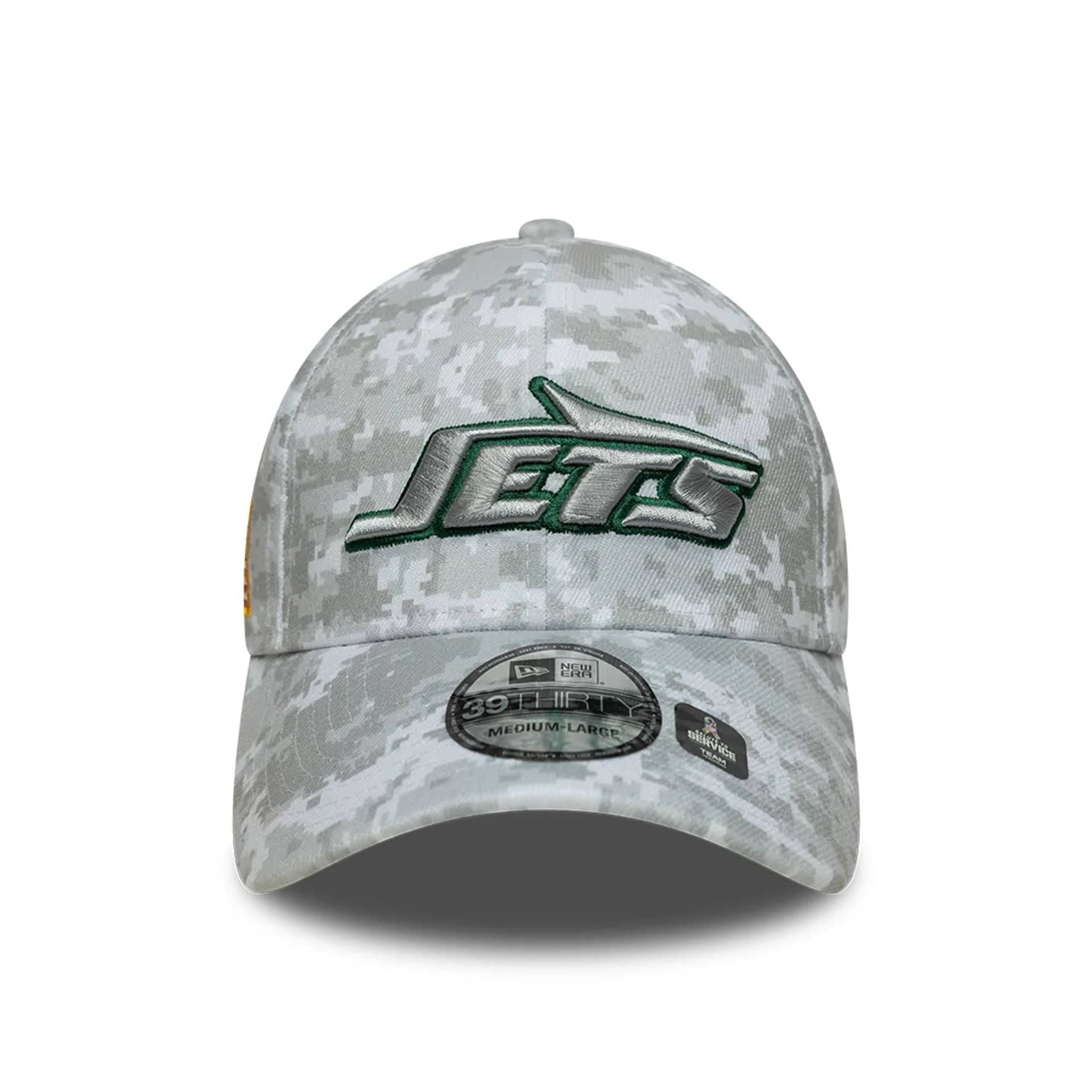 This is a New York Jets NFL Salute To Service 2025 Grey Camo 39THIRTY Stretch Fit Cap 4