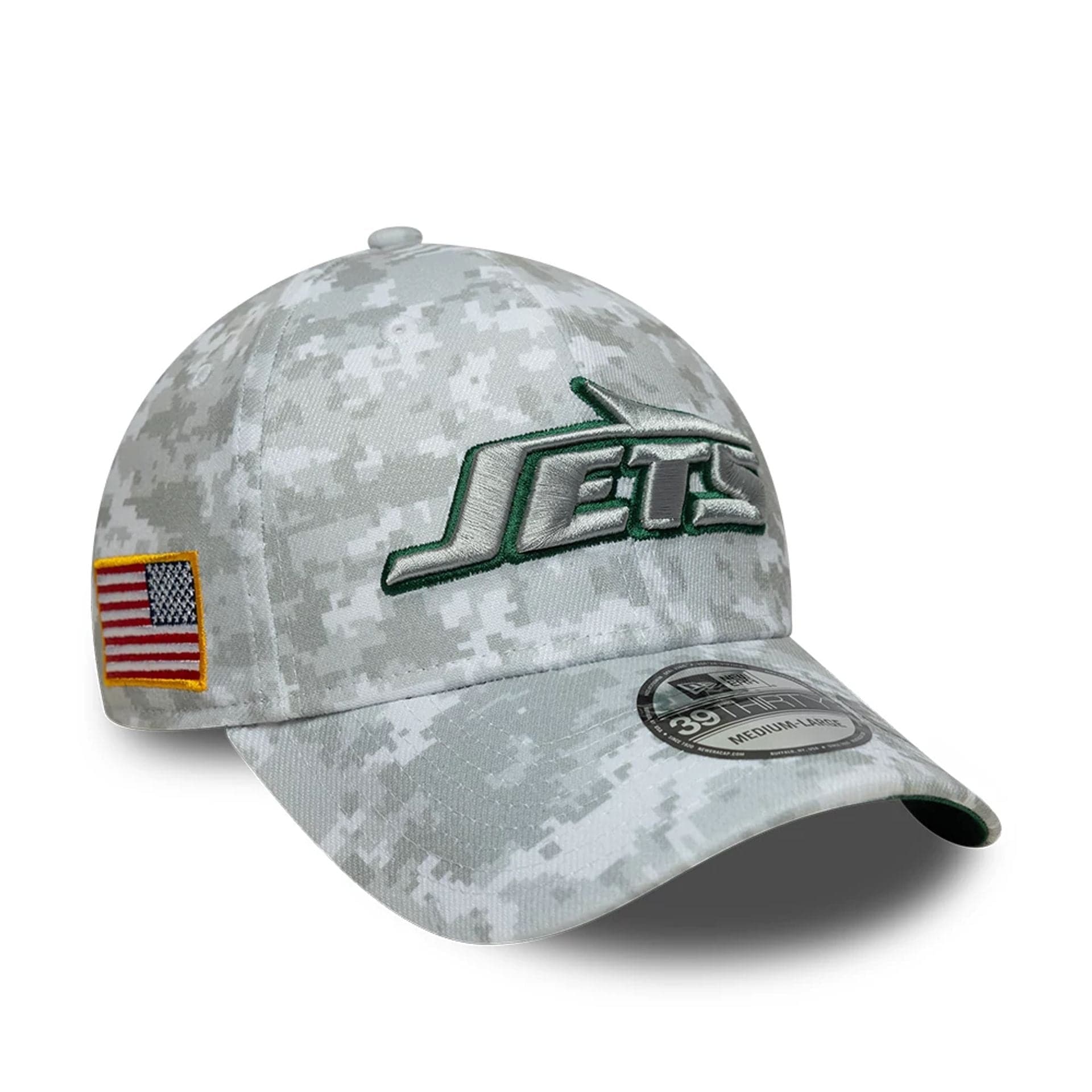 This is a New York Jets NFL Salute To Service 2025 Grey Camo 39THIRTY Stretch Fit Cap 1