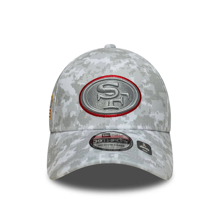 This is a San Francisco 49ers NFL Salute To Service 2025 Grey Camo 39THIRTY Stretch Fit Cap 4