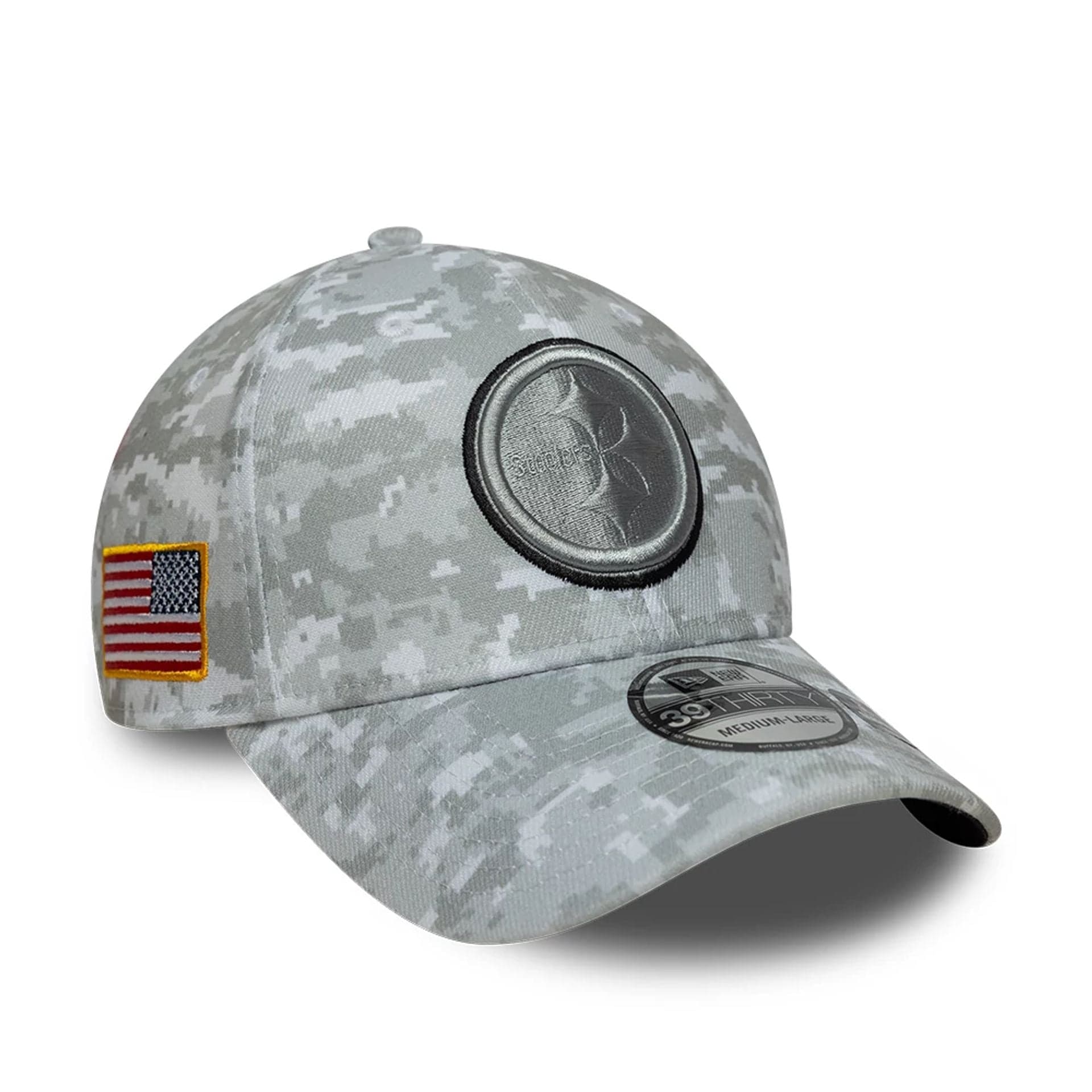 This is a Pittsburgh Steelers NFL Salute To Service 2025 Grey Camo 39THIRTY Stretch Fit Cap 1
