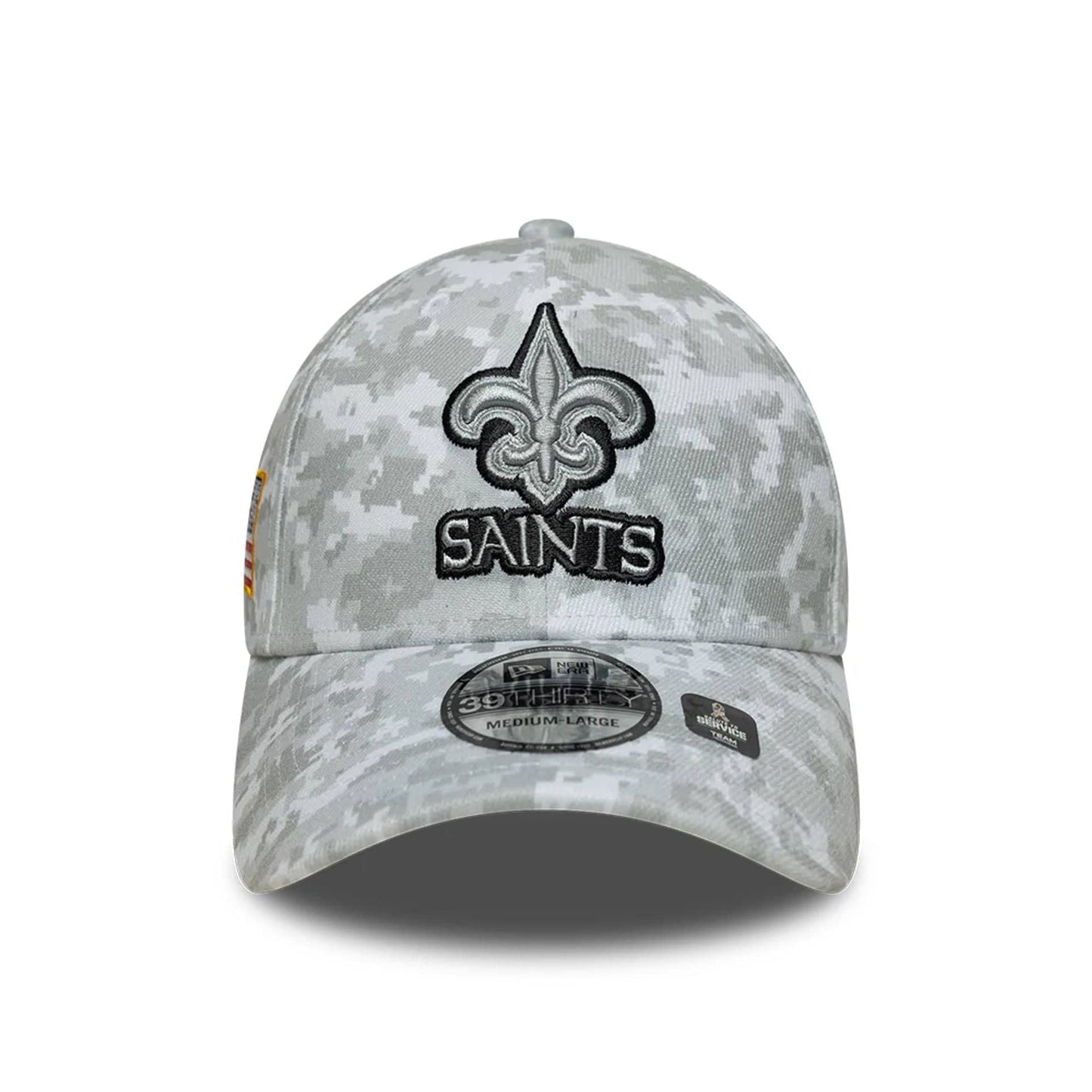 This is a New Orleans Saints NFL Salute To Service 2025 Grey Camo 39THIRTY Stretch Fit Cap 4