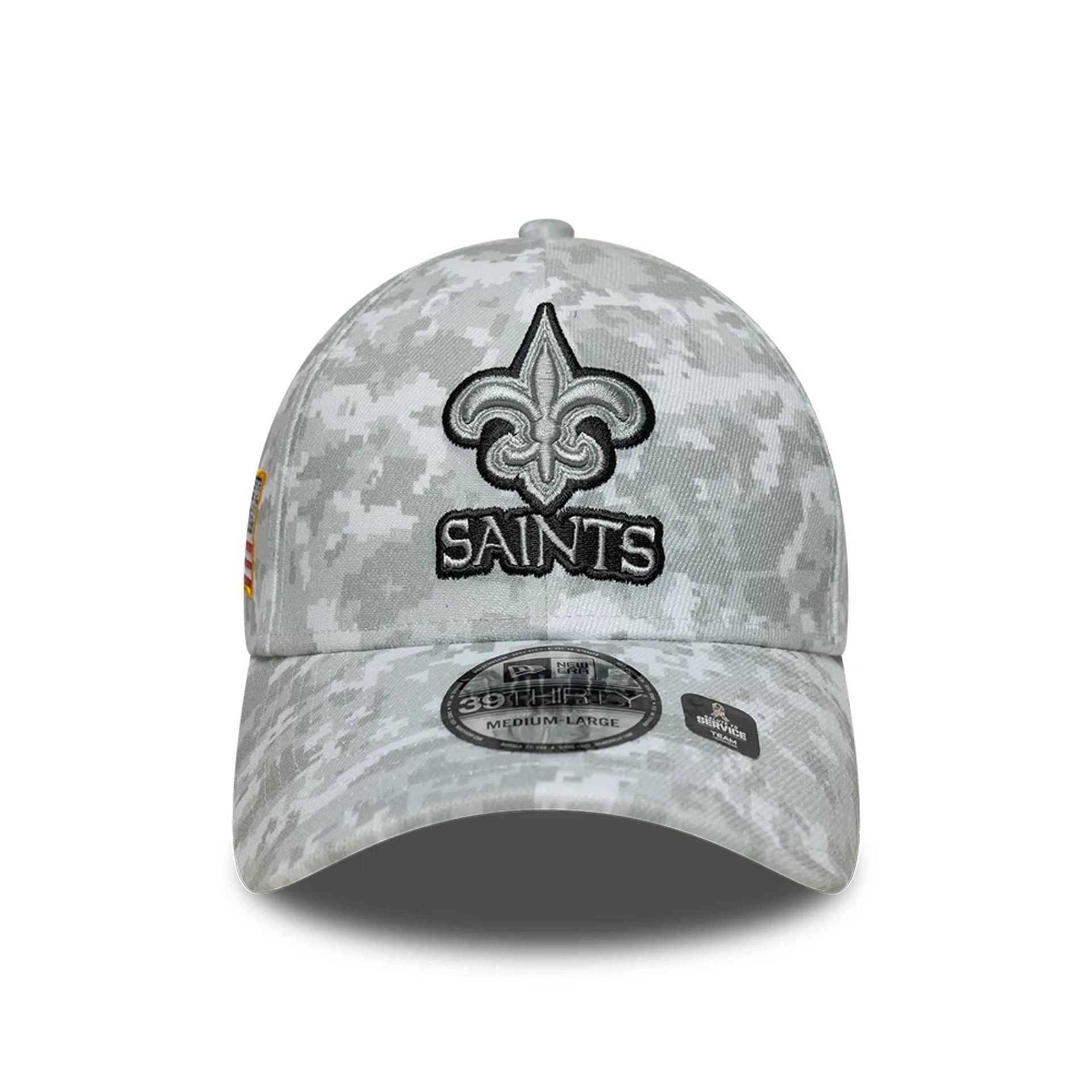 This is a New Orleans Saints NFL Salute To Service 2025 Grey Camo 39THIRTY Stretch Fit Cap 4