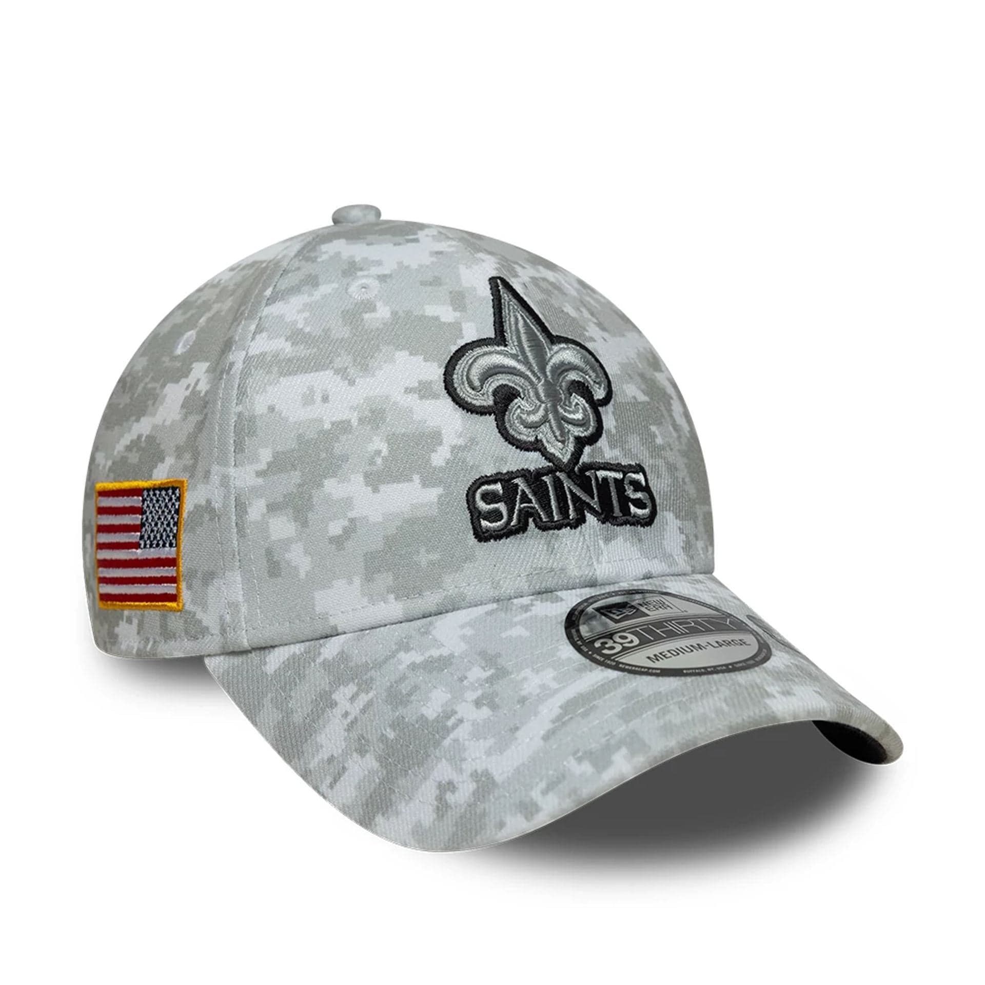 This is a New Orleans Saints NFL Salute To Service 2025 Grey Camo 39THIRTY Stretch Fit Cap 1