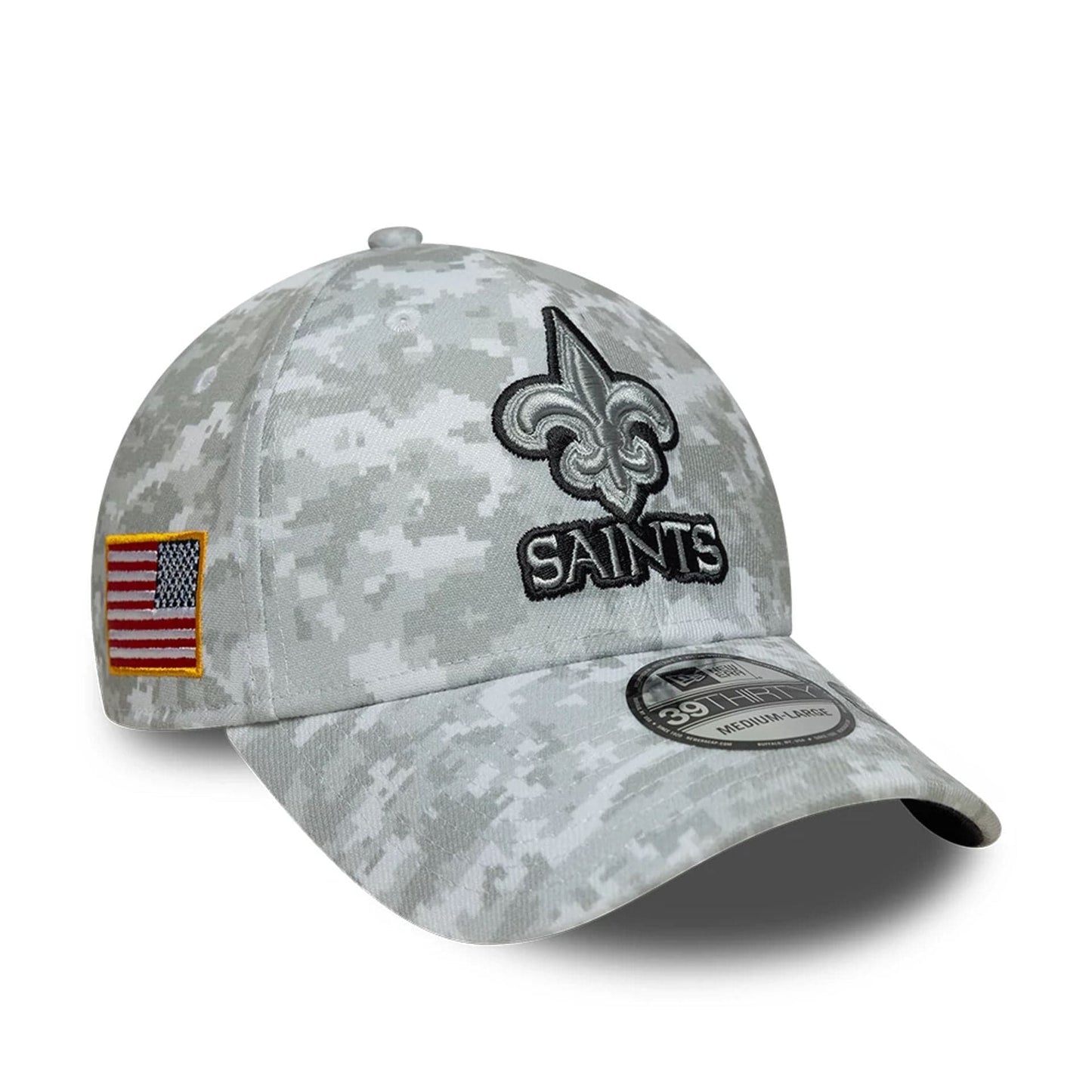 This is a New Orleans Saints NFL Salute To Service 2025 Grey Camo 39THIRTY Stretch Fit Cap 1
