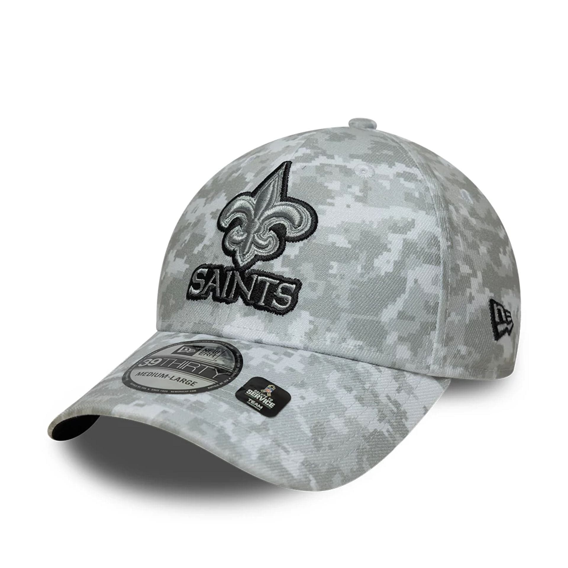 This is a New Orleans Saints NFL Salute To Service 2025 Grey Camo 39THIRTY Stretch Fit Cap 8