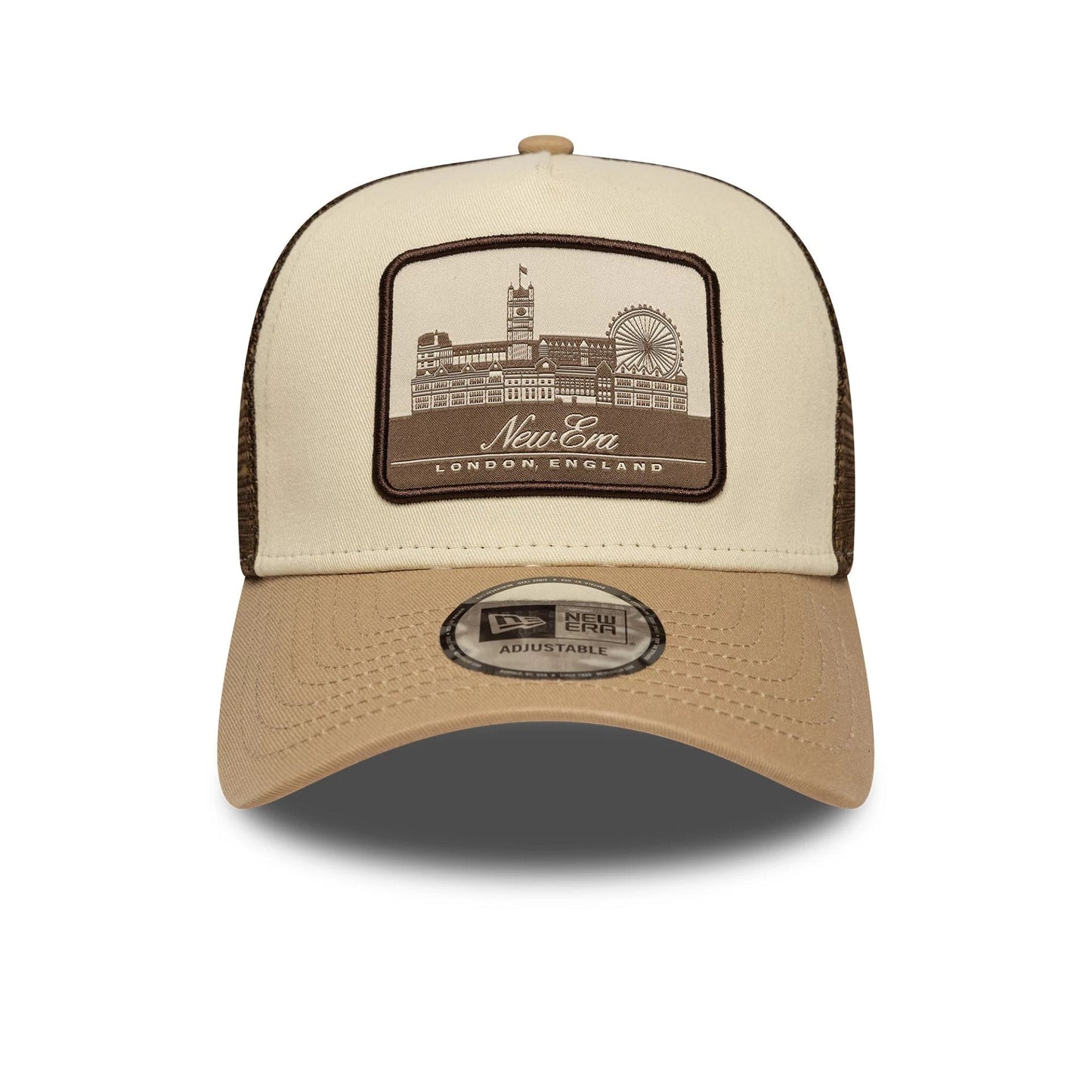 This is a New Era London Light Beige 9FORTY A-Frame Trucker Adjustable Cap 2