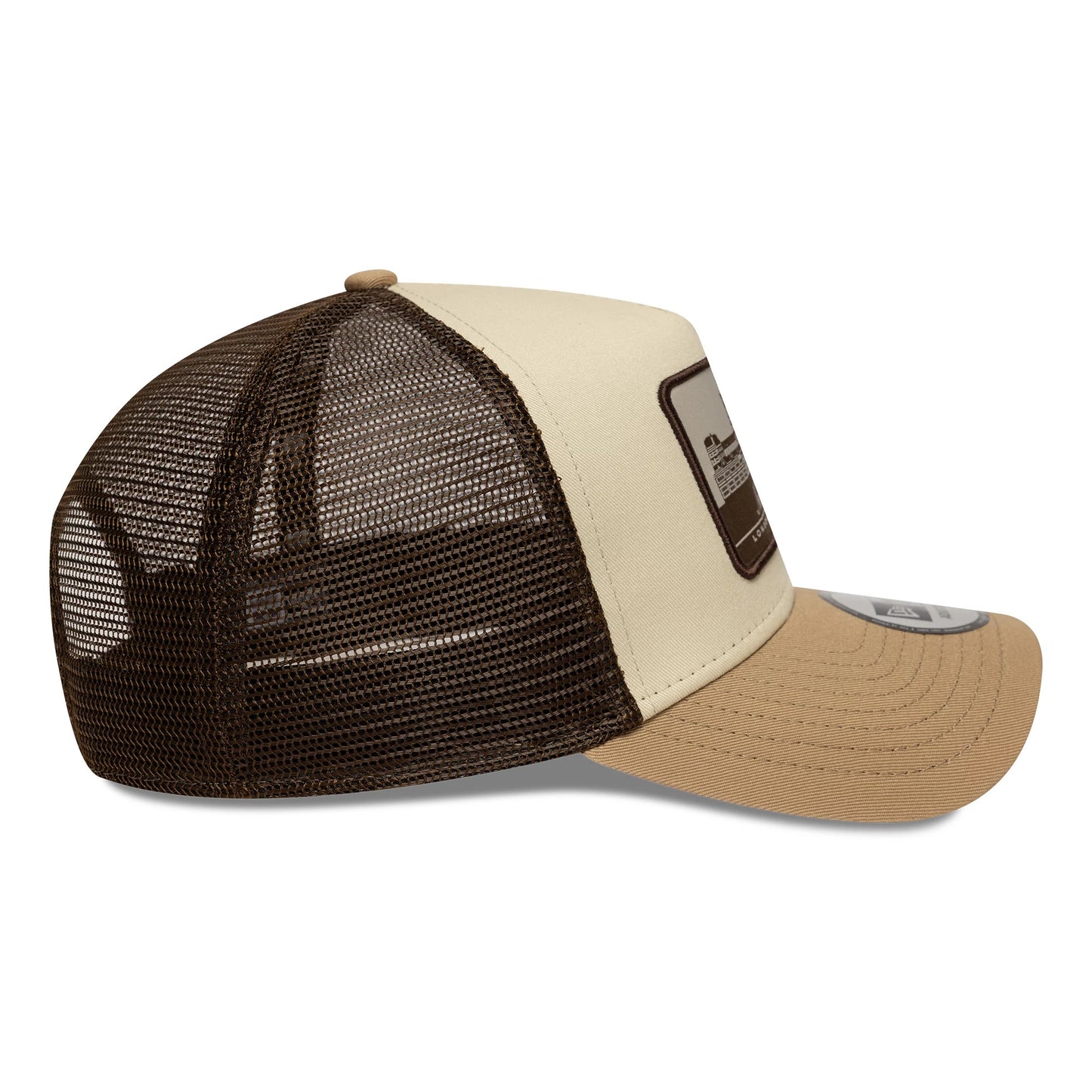 This is a New Era London Light Beige 9FORTY A-Frame Trucker Adjustable Cap 5