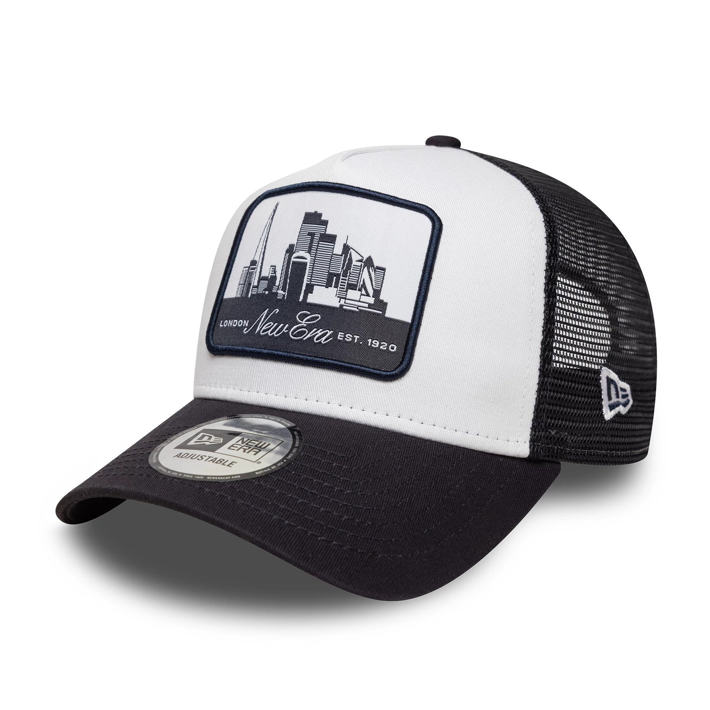 This is a New Era London Navy 9FORTY A-Frame Trucker Adjustable Cap 1