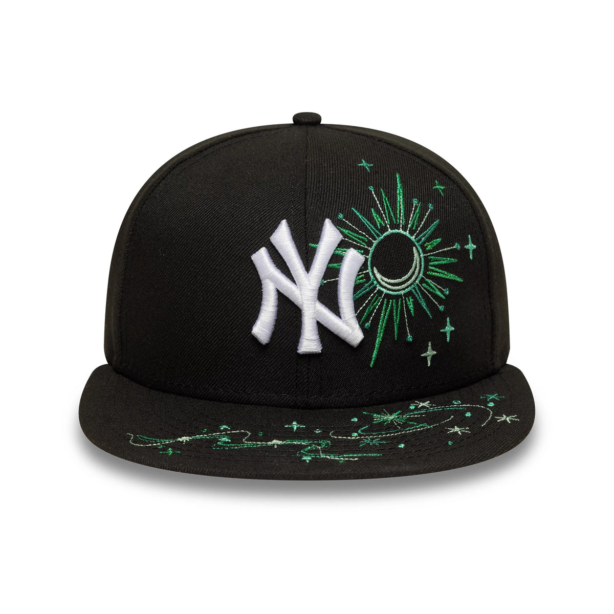 New York Yankees MLB Zodiac Black New Era 59FIFTY Fitted Cap, front view showing a white embroidered NY logo, green zodiac-inspired celestial designs on the right front panel, and matching green embroidery on the black visor.