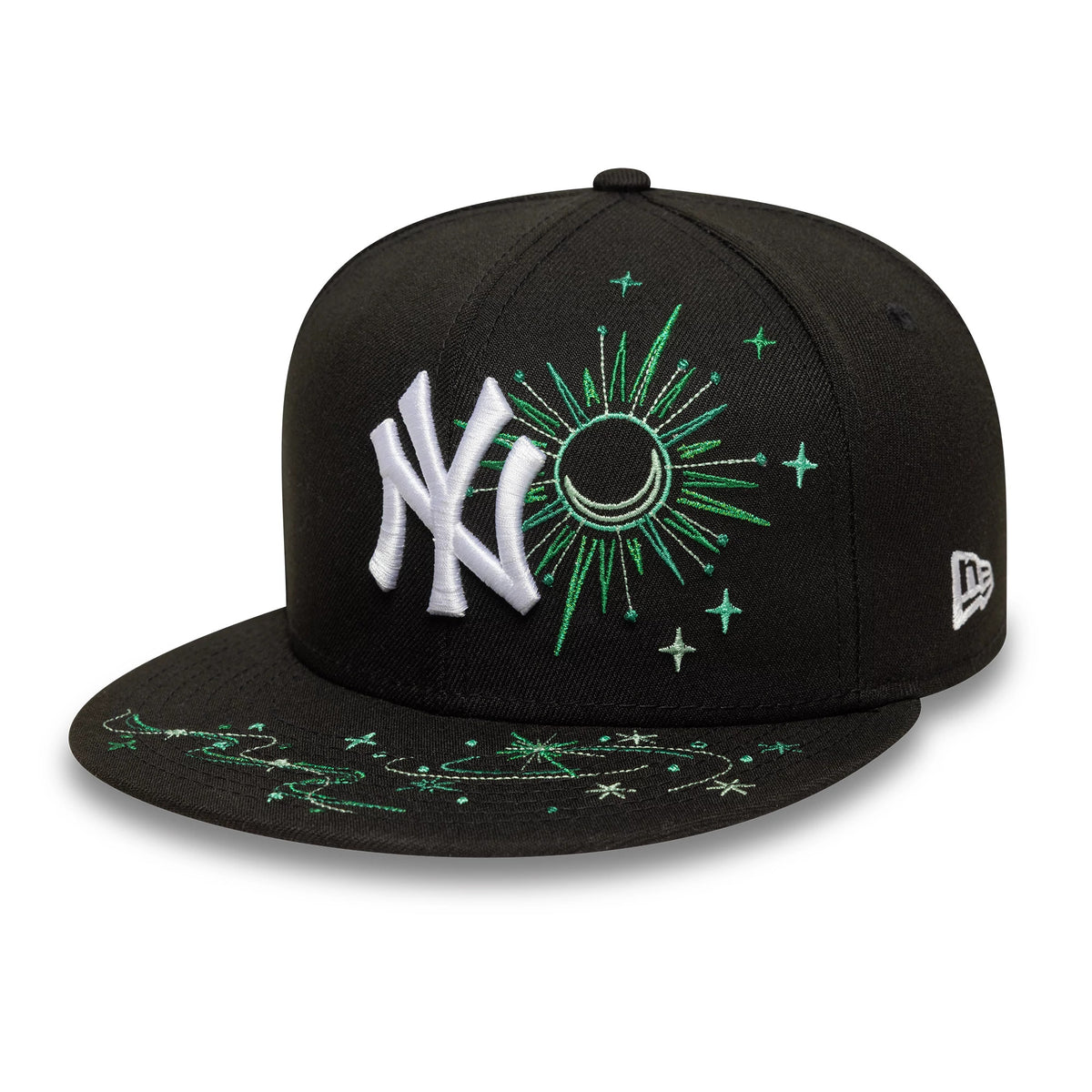 New York Yankees MLB Zodiac Black New Era 59FIFTY Fitted Cap, front view showing a raised white Yankees logo, green zodiac-themed embroidery around a crescent moon on black crown, and matching embroidery on the black flat visor.