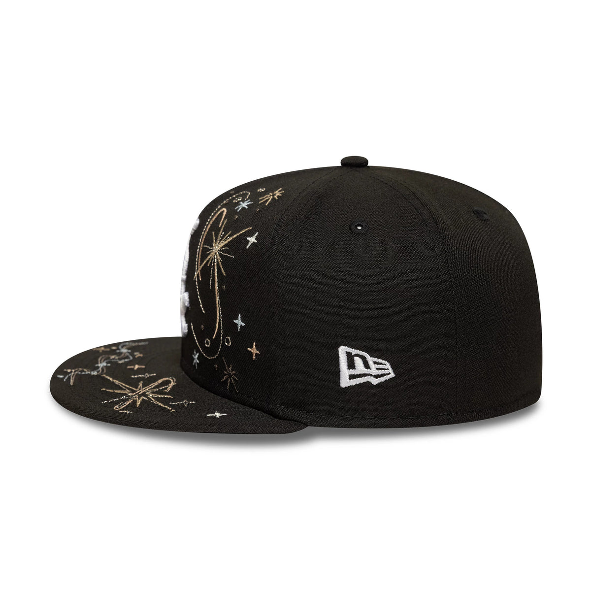 Chicago White Sox MLB Zodiac Black New Era 59FIFTY Fitted Cap, side view with a white New Era flag logo on the left side of the black structured crown, featuring zodiac themed gold and white star embroidery across the front panel and visor.
