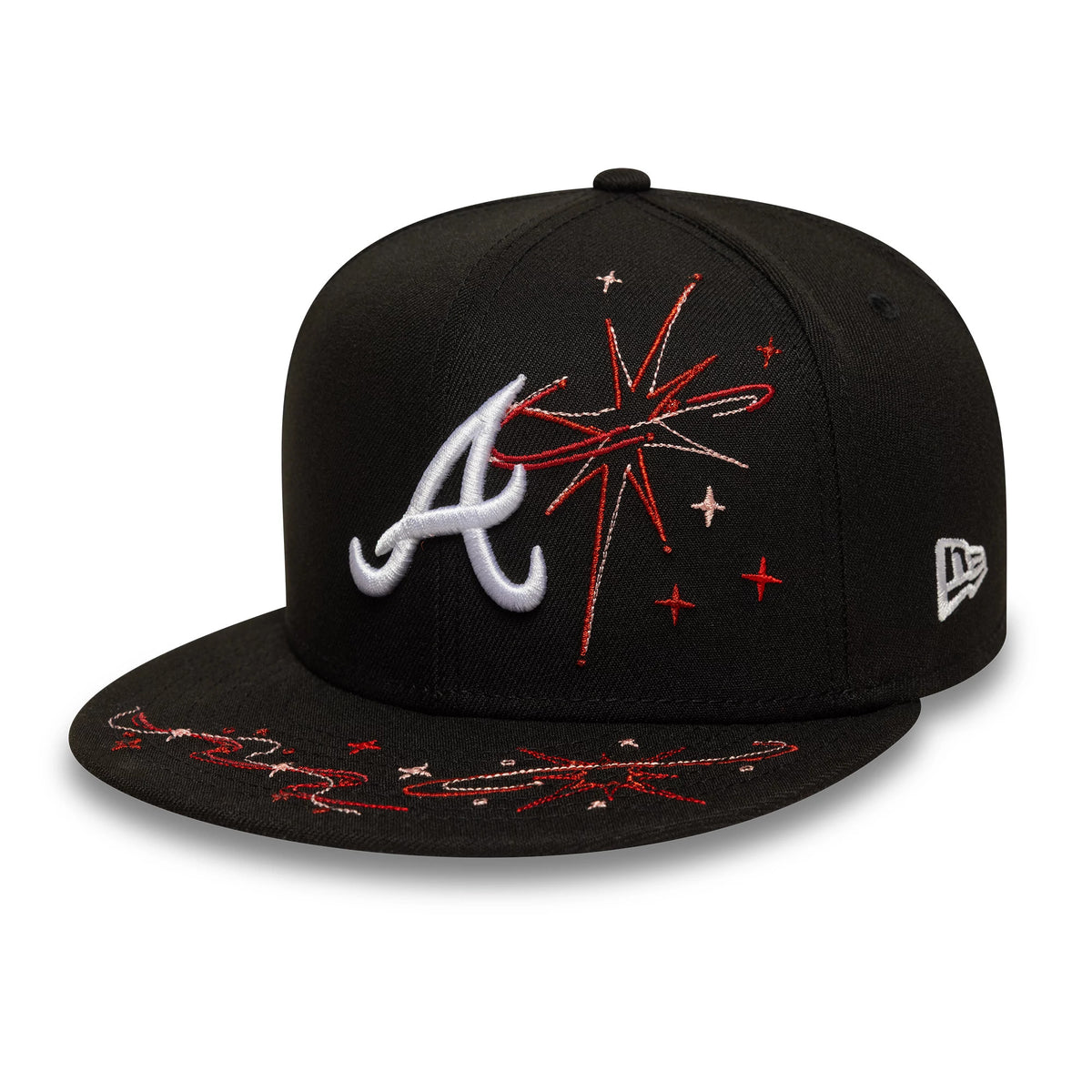 Atlanta Braves MLB Zodiac Black New Era 59FIFTY Fitted Cap, three-quarter view showing the white embroidered A logo on the front panel and red zodiac-themed embroidery on the crown and visor.