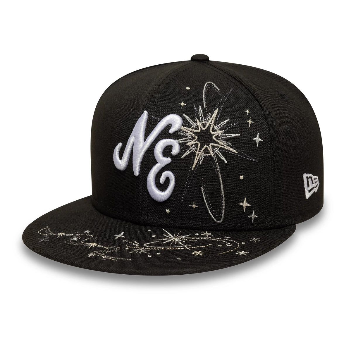 New Era Zodiac Black 59FIFTY Fitted Cap, front view with white NE embroidered logo and intricate celestial design on the black panels and visor, featuring stars and orbital patterns, New Era flag logo on the left side.