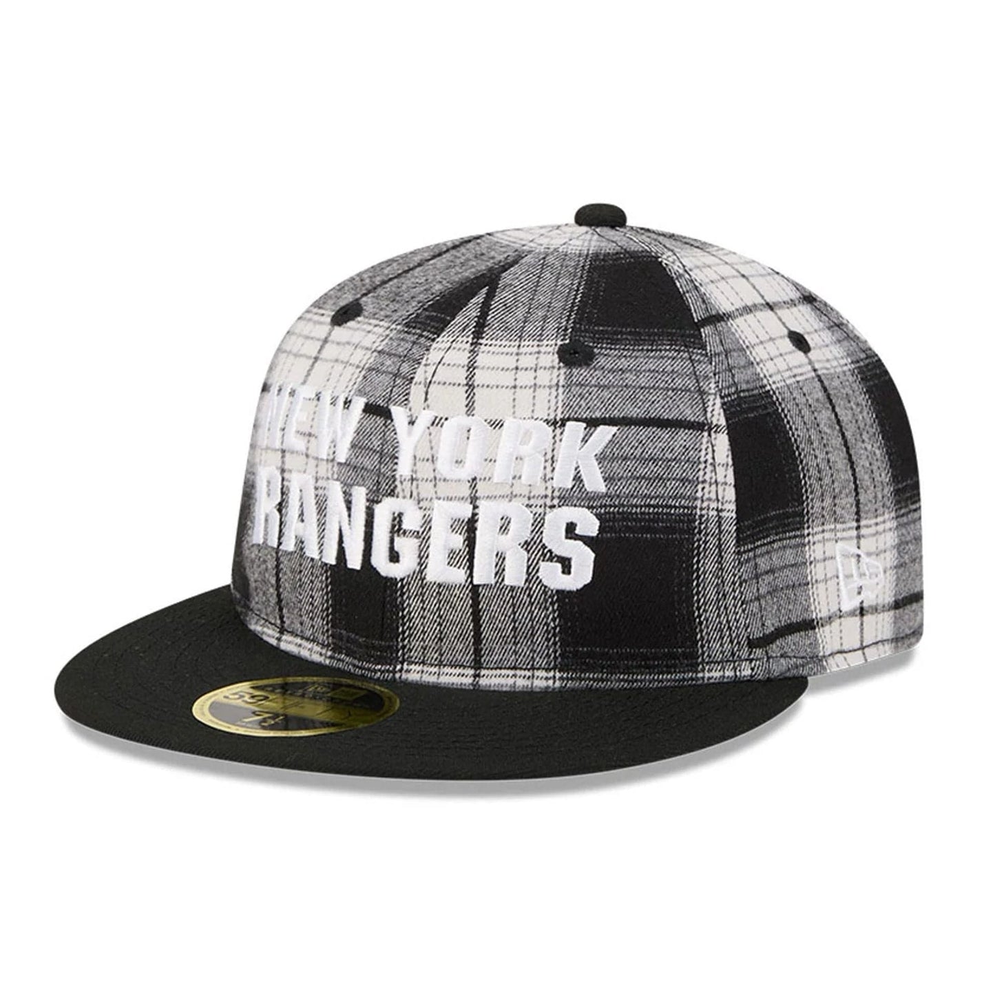 This is a New York Rangers NHL Grunge Style Plaid Black Retro Crown 59FIFTY Fitted Cap 3