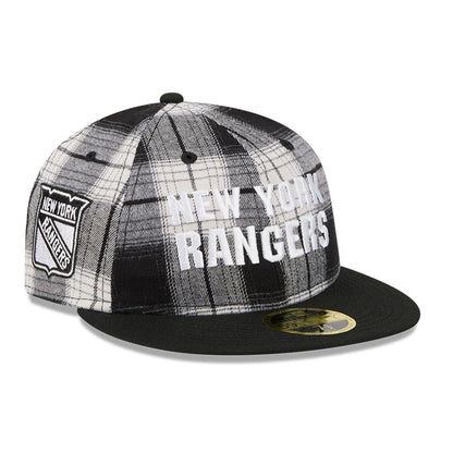This is a New York Rangers NHL Grunge Style Plaid Black Retro Crown 59FIFTY Fitted Cap 1