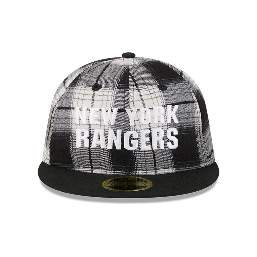 This is a New York Rangers NHL Grunge Style Plaid Black Retro Crown 59FIFTY Fitted Cap 2