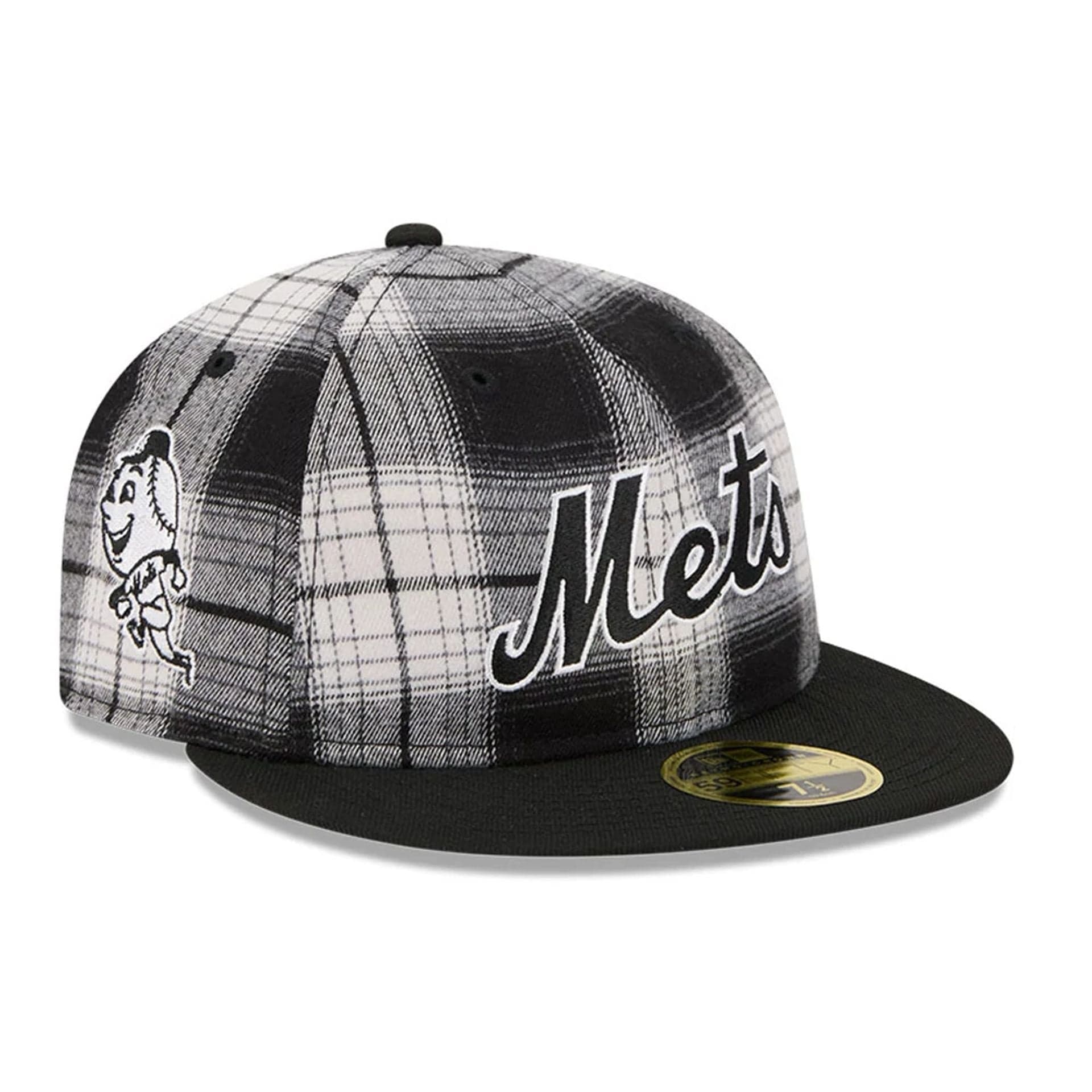 This is a New York Mets MLB Grunge Style Plaid Black Retro Crown 59FIFTY Fitted Cap 1