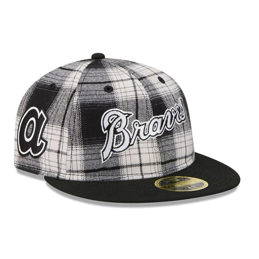 This is a Atlanta Braves MLB Grunge Style Plaid Black Retro Crown 59FIFTY Fitted Cap 1