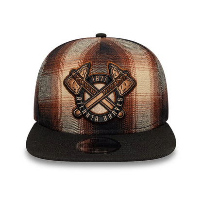 This is a Atlanta Braves MLB Grunge Style Plaid Open Brown 9FIFTY A-Frame Snapback Adjustable Cap 4