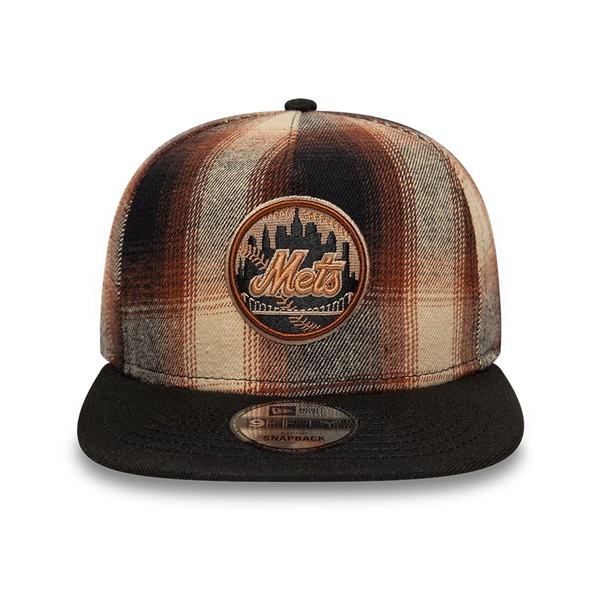 This is a New York Mets MLB Grunge Style Plaid Open Brown 9FIFTY A-Frame Snapback Adjustable Cap 4