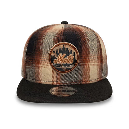This is a New York Mets MLB Grunge Style Plaid Open Brown 9FIFTY A-Frame Snapback Adjustable Cap 4