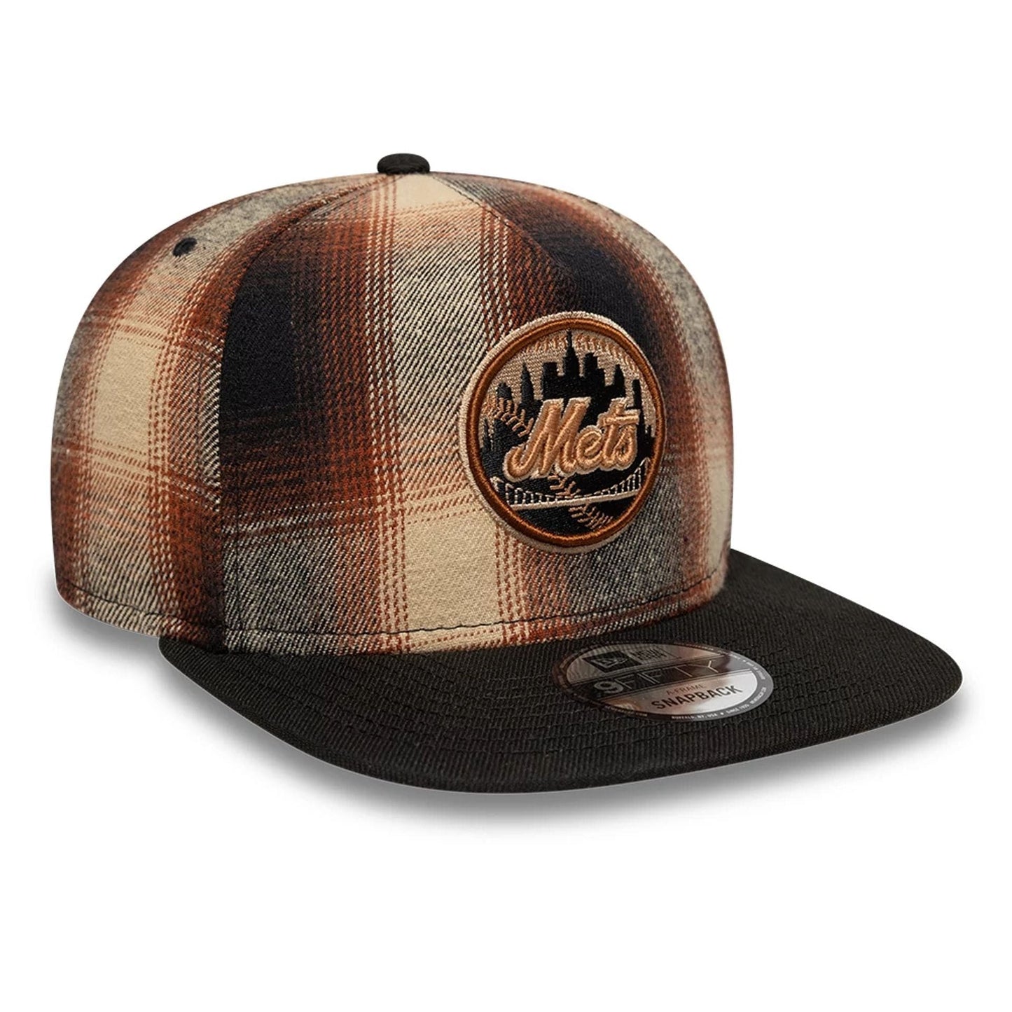 This is a New York Mets MLB Grunge Style Plaid Open Brown 9FIFTY A-Frame Snapback Adjustable Cap 5