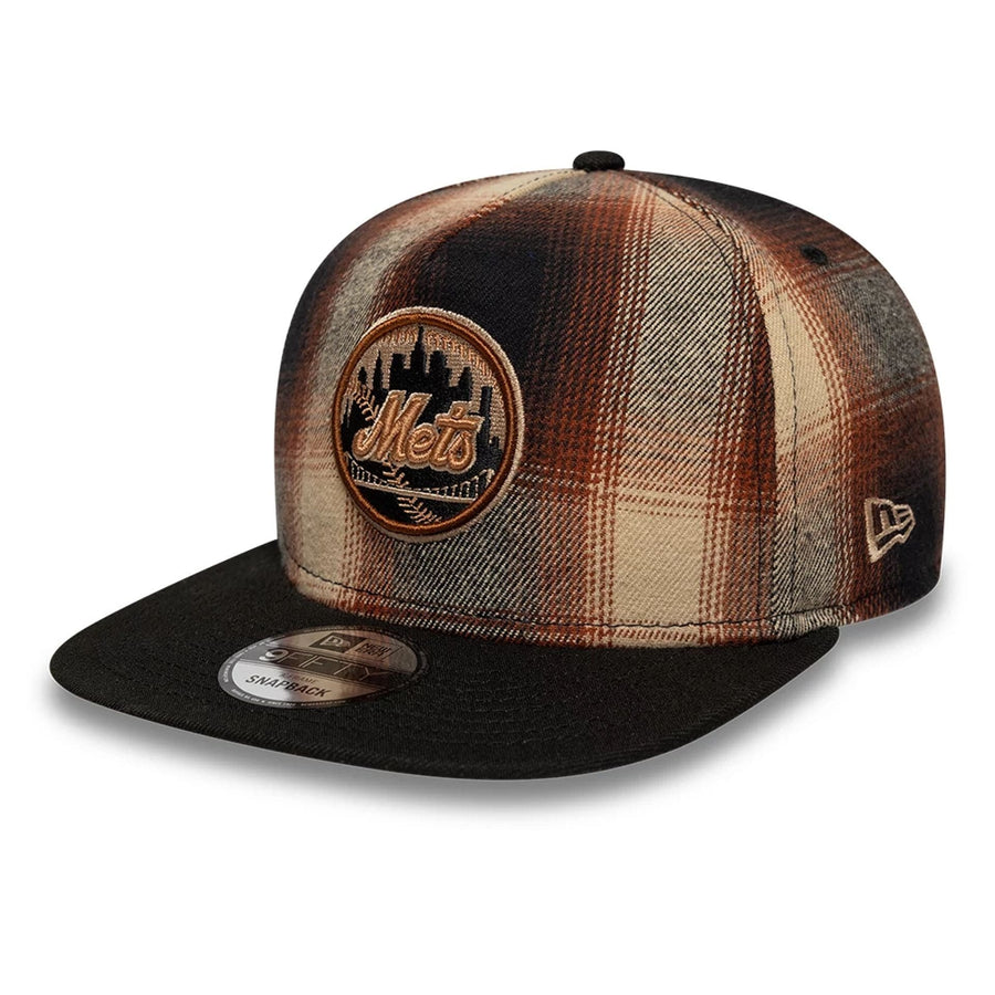 This is a New York Mets MLB Grunge Style Plaid Open Brown 9FIFTY A-Frame Snapback Adjustable Cap 1