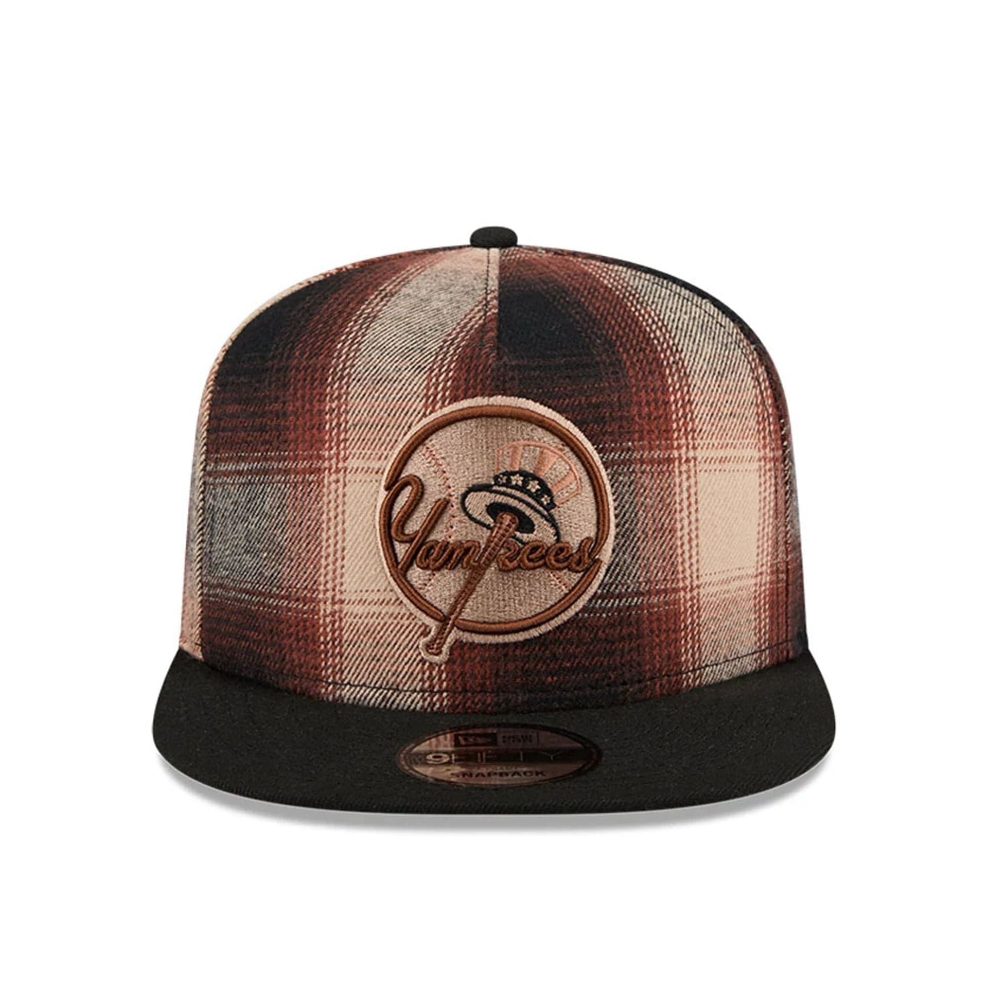 This is a New York Yankees MLB Grunge Style Plaid Open Brown 9FIFTY A-Frame Snapback Adjustable Cap 4