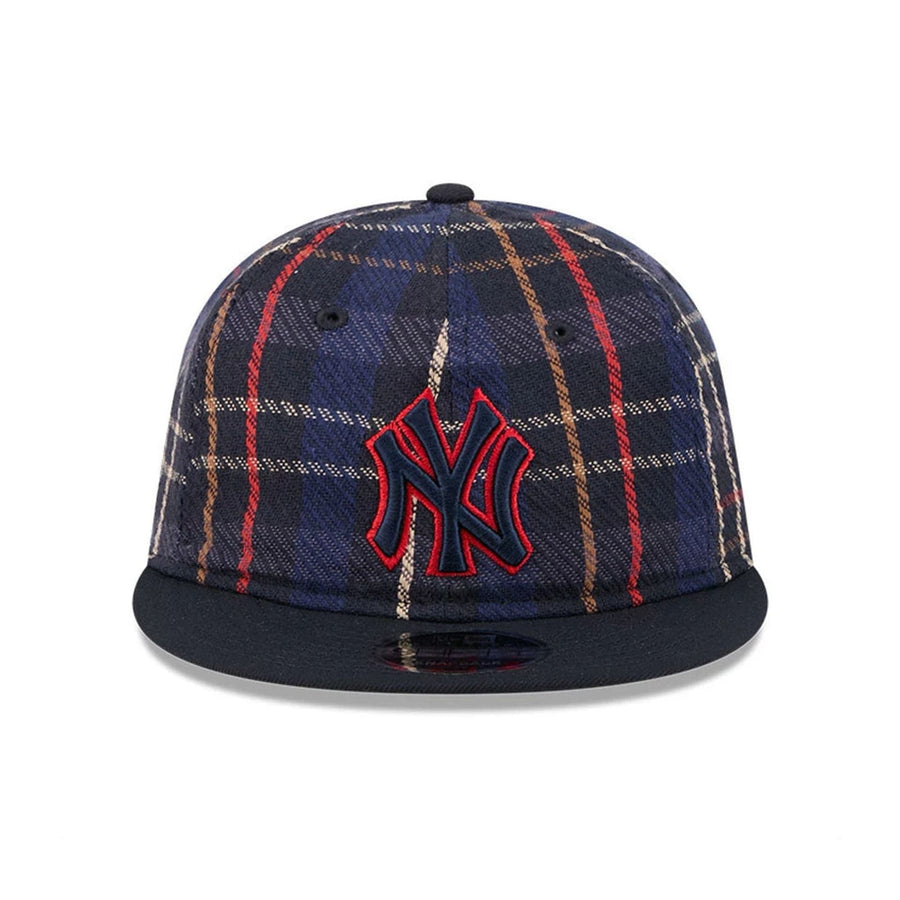 This is a New York Yankees MLB Grunge Style Plaid Open Blue Retro Crown 9FIFTY Adjustable Cap 3