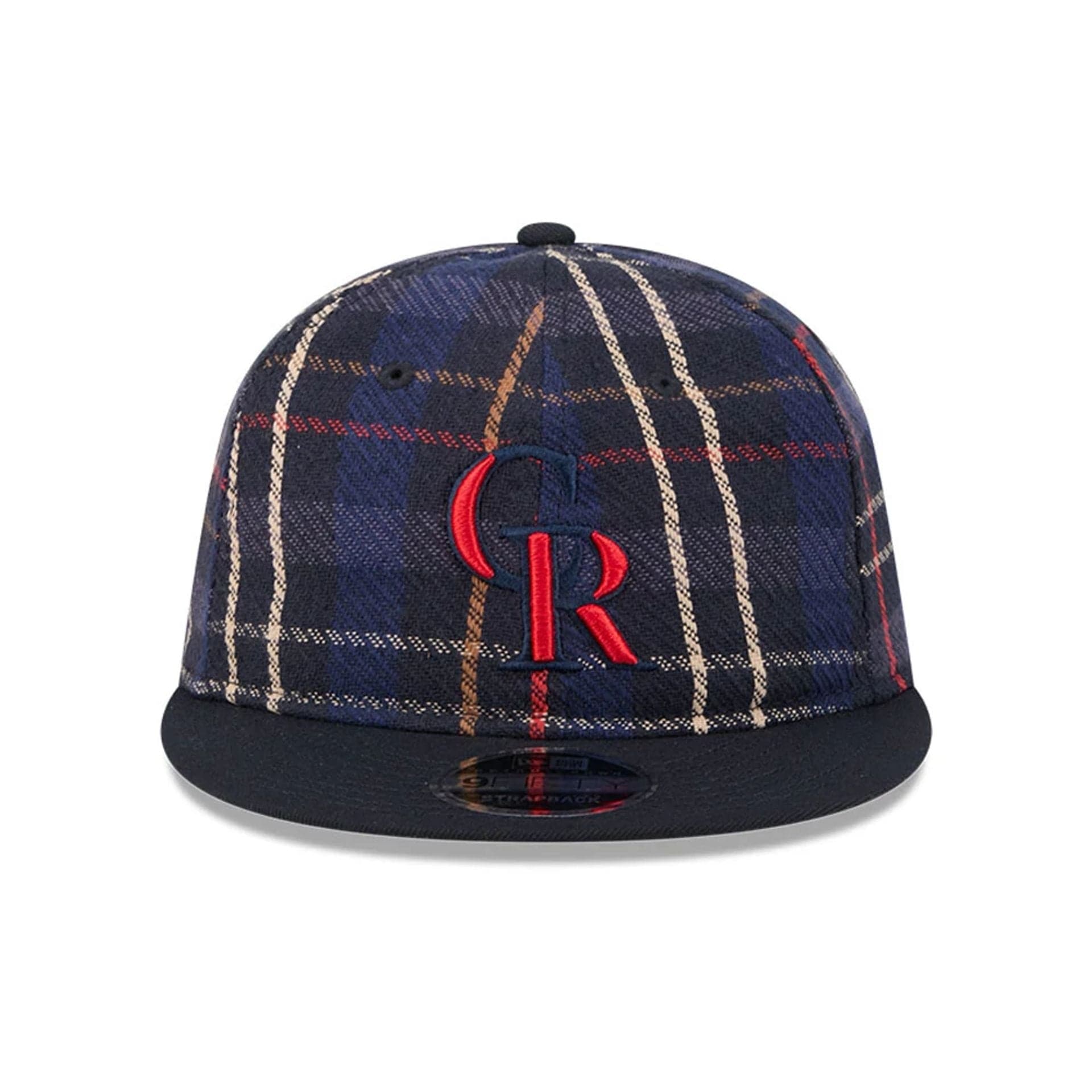 This is a Colorado Rockies MLB Grunge Style Plaid Open Blue Retro Crown 9FIFTY Adjustable Cap 3