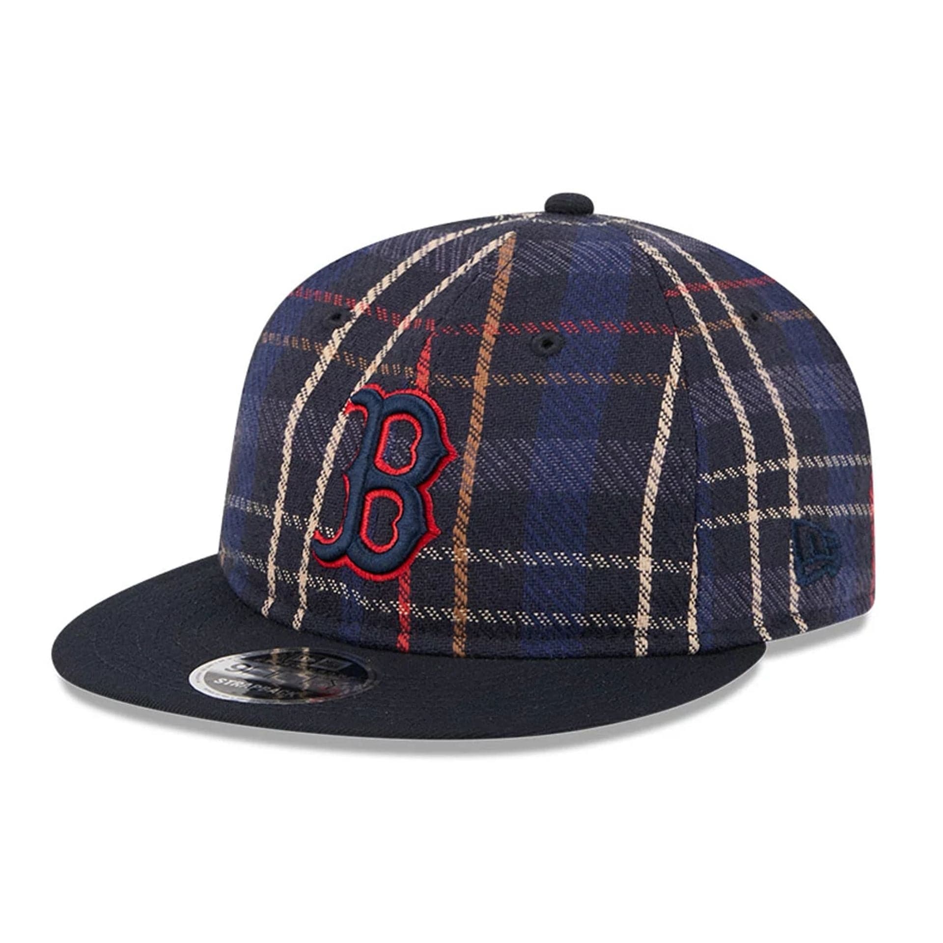 This is a Boston Red Sox MLB Grunge Style Plaid Open Blue Retro Crown 9FIFTY Adjustable Cap 1
