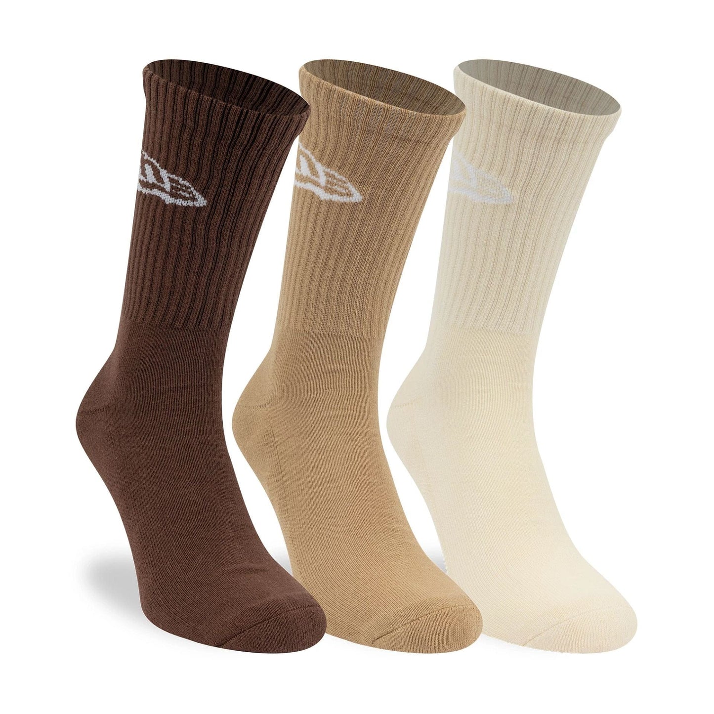 Pictured is this New Era Flag 3 Pack Crew Socks in brown. 3