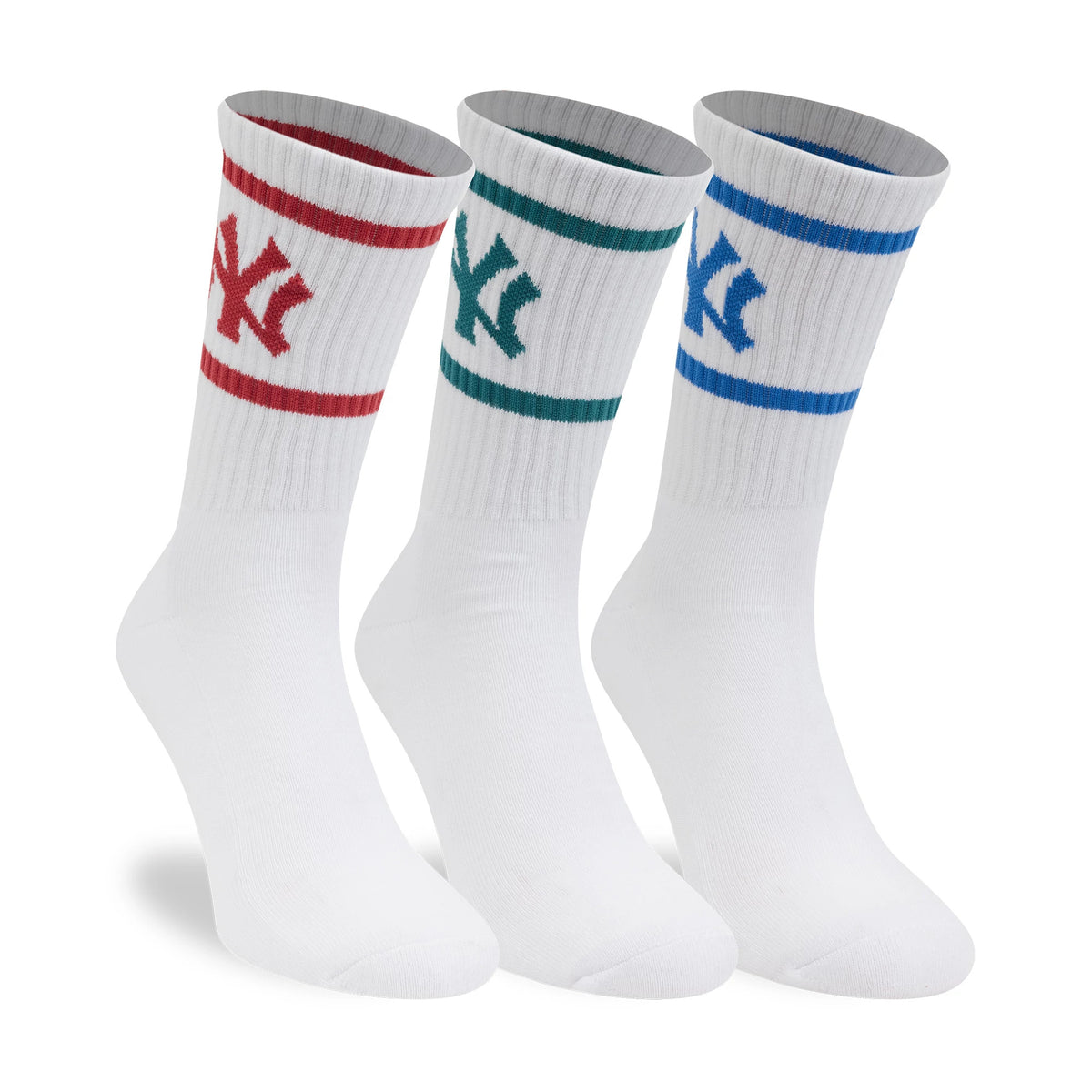 New Era New York Yankees MLB 3 Pack White Crew Socks, front view showcasing three pairs of white socks each with a different coloured embroidered New York Yankees logo—red, green, and blue—on the ribbed top band, with matching stripes above.