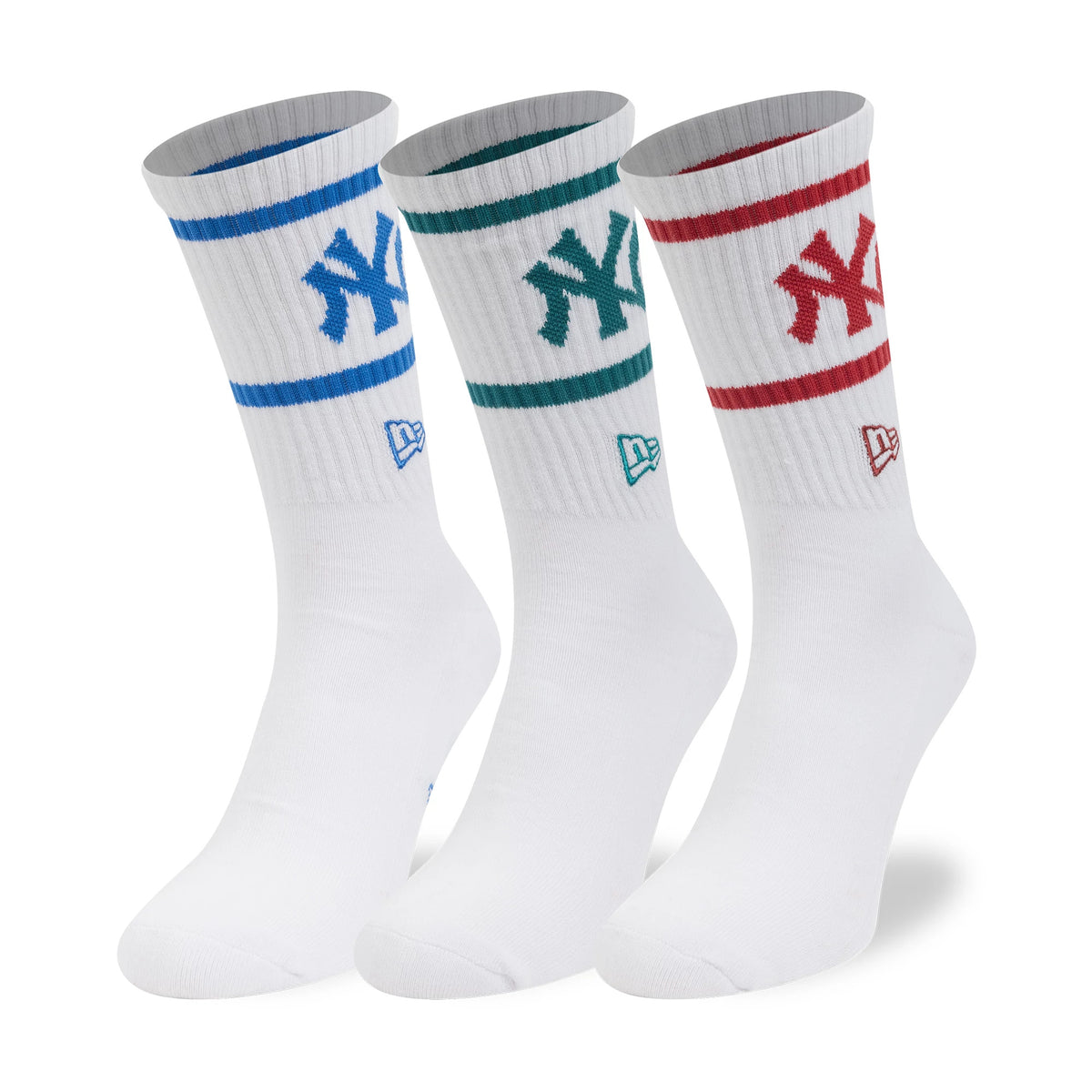 New Era New York Yankees MLB 3 Pack White Crew Socks, front view showing three pairs with ribbed cuffs, each featuring a New York Yankees logo in blue, green, or red alongside matching stripes and an embroidered New Era logo by the ankle.