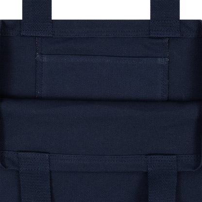 New Era New York Yankees MLB Fruit Navy Tote Bag, close-up view showing the navy fabric with stitching and detailed construction at the top section, featuring reinforced straps and a rectangular band across the upper part.