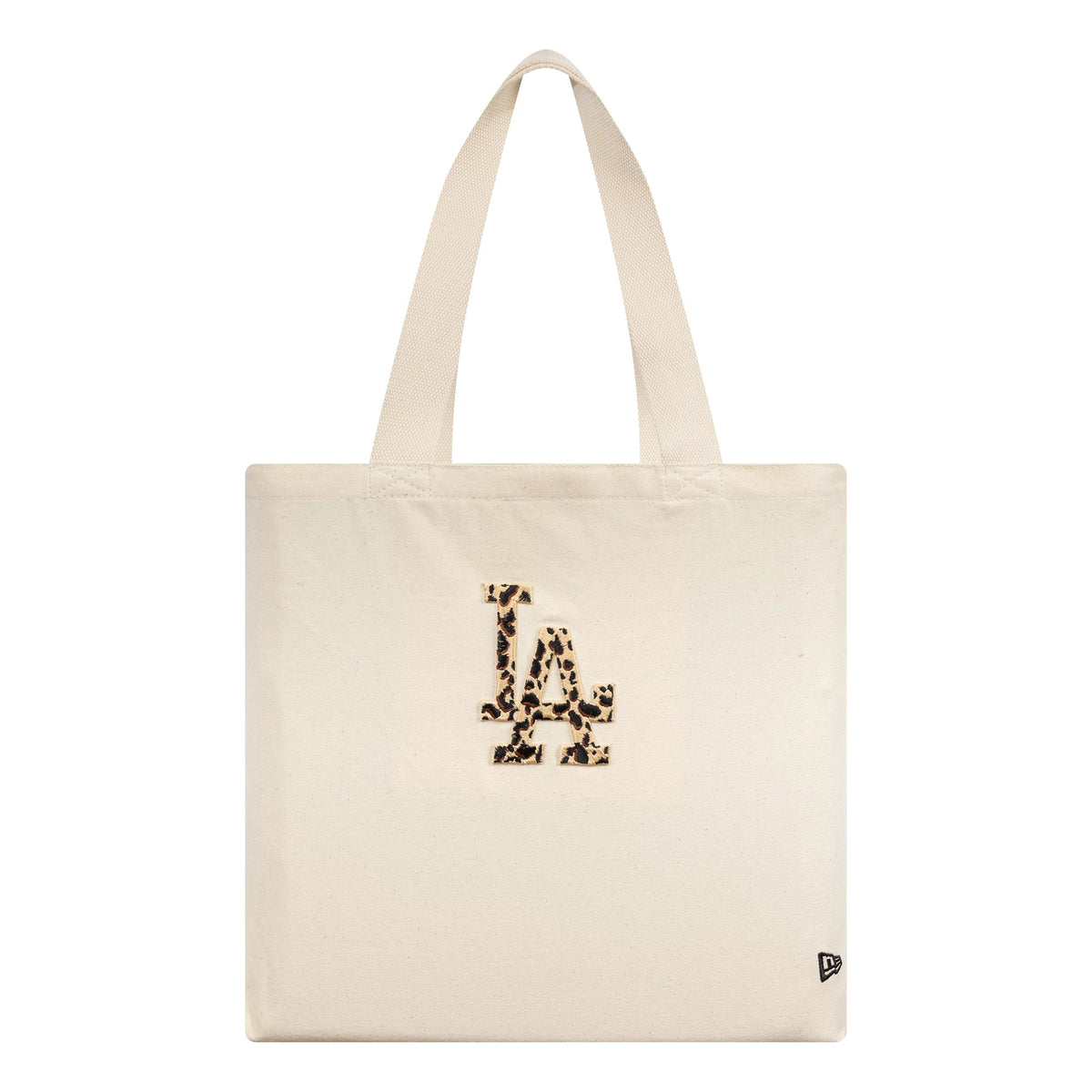 New Era LA Dodgers MLB Animal Infill Cream Tote Bag, front view showing a leopard print embroidered LA logo in the centre and a small embroidered New Era flag logo on the bottom corner.