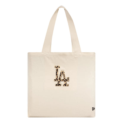 New Era LA Dodgers MLB Animal Infill Cream Tote Bag, front view showing a leopard print embroidered LA logo in the centre and a small embroidered New Era flag logo on the bottom corner.