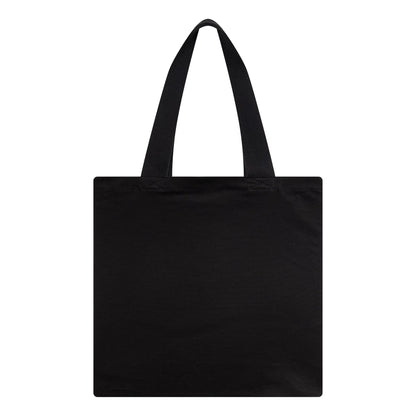 New Era New York Yankees MLB Animal Infill Black Tote Bag, front view displaying a solid black rectangular shape with two black handles extending from the top edge, no graphics or logos on this side.