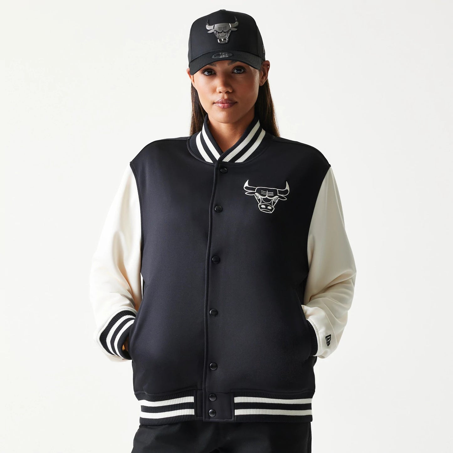 The model is wearing this NBA Chicago Bulls Bomber Jacket in black. 4